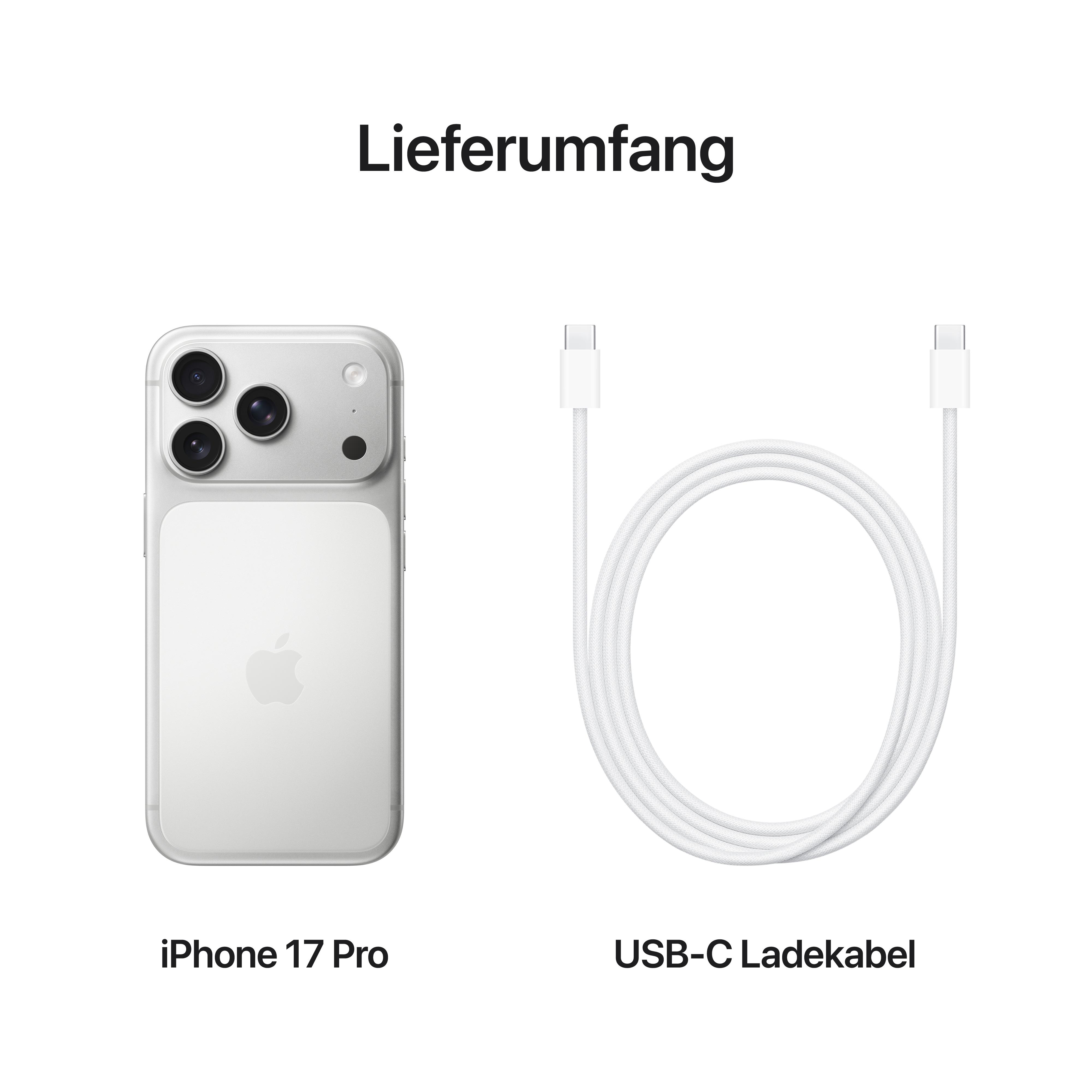 Das Bild zeigt ein iPhone 17 Pro und ein USB-C-Ladekabel. Beide sind weiß, auf weißem Hintergrund.