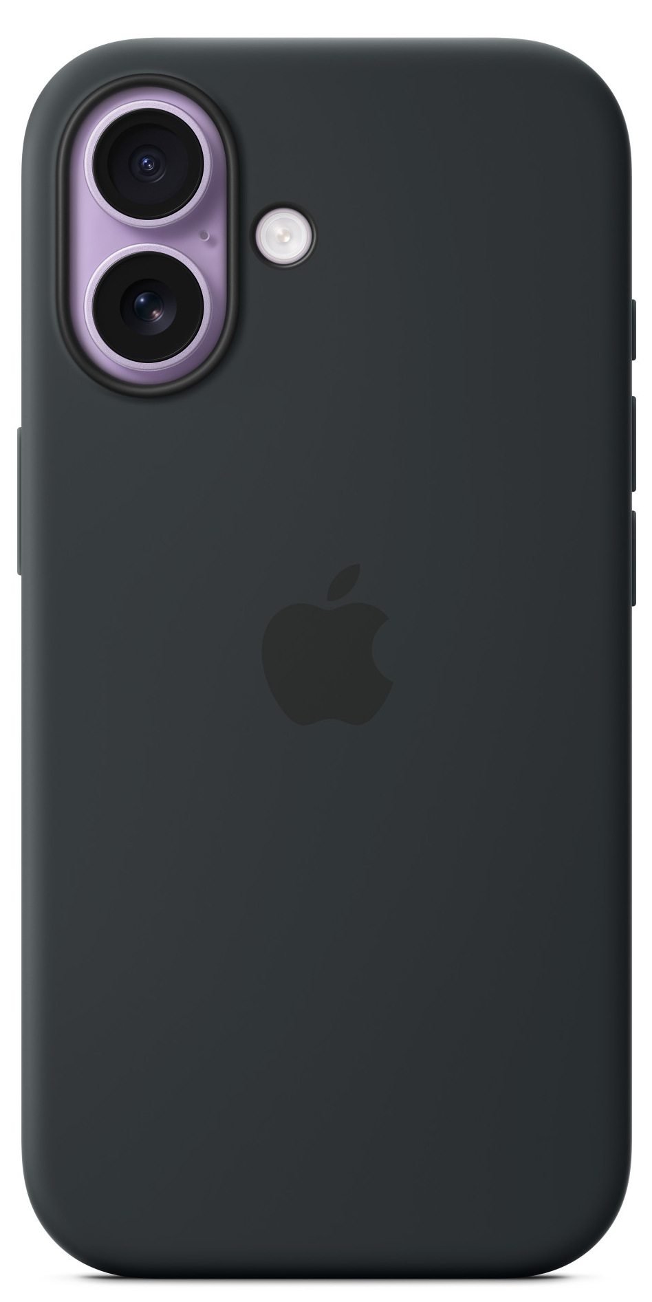 Ciemnoszare etui na telefon z soczewkami aparatu i logo Apple. Soczewki mają fioletową obwódkę, telefon jest na białym tle.