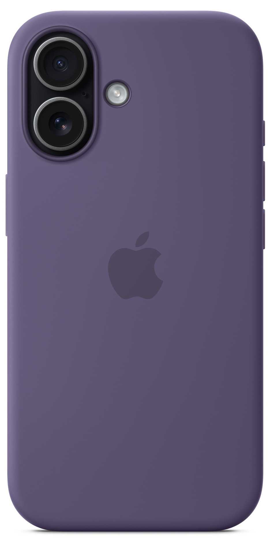 Fioletowe etui na telefon z dwoma aparatami i lampą błyskową. Z tyłu logo Apple.