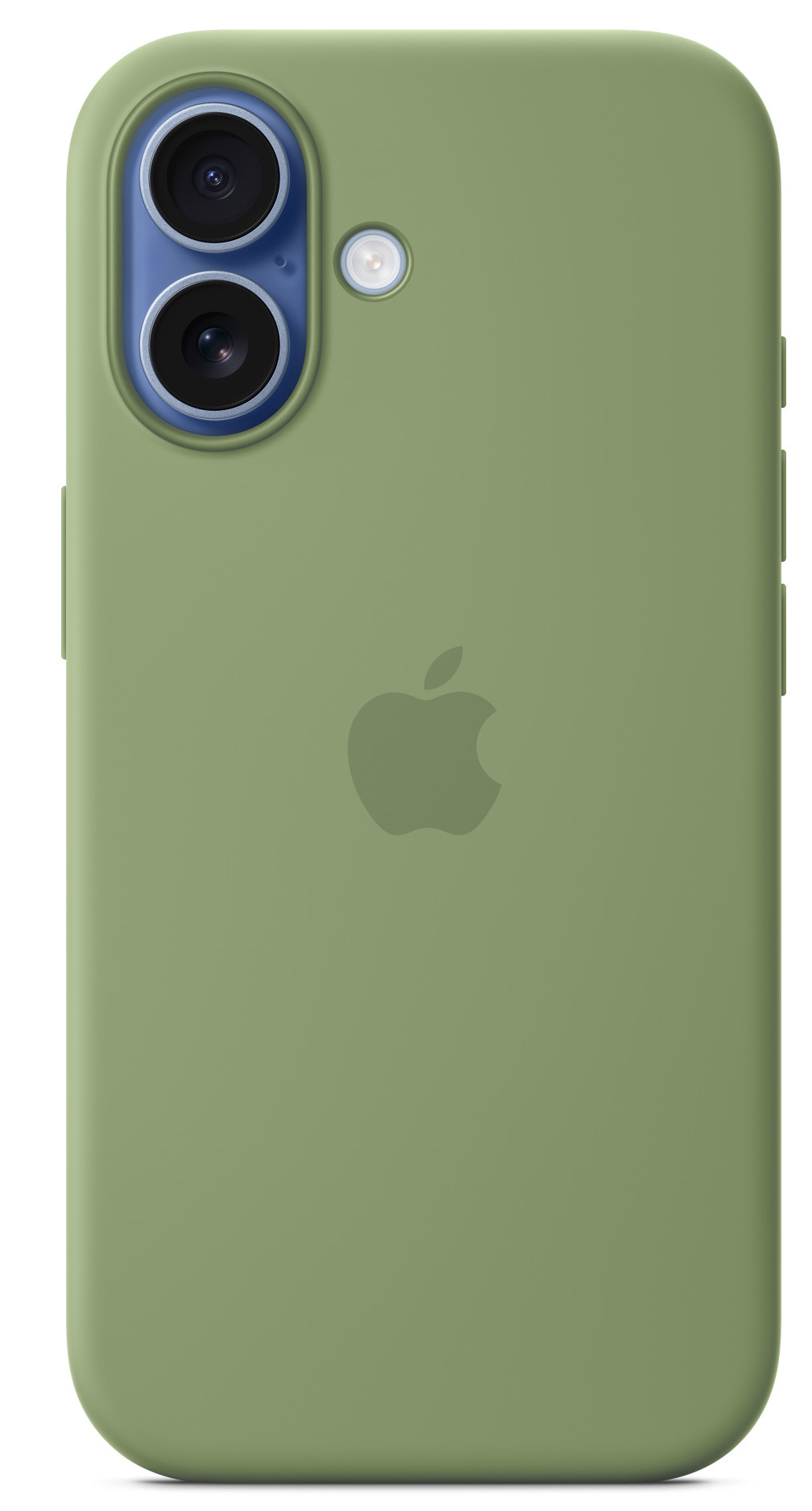 Zielone etui na telefon z logo Apple. Ma podwójny aparat i lampę błyskową. Etui zakrywa tył i boki telefonu.