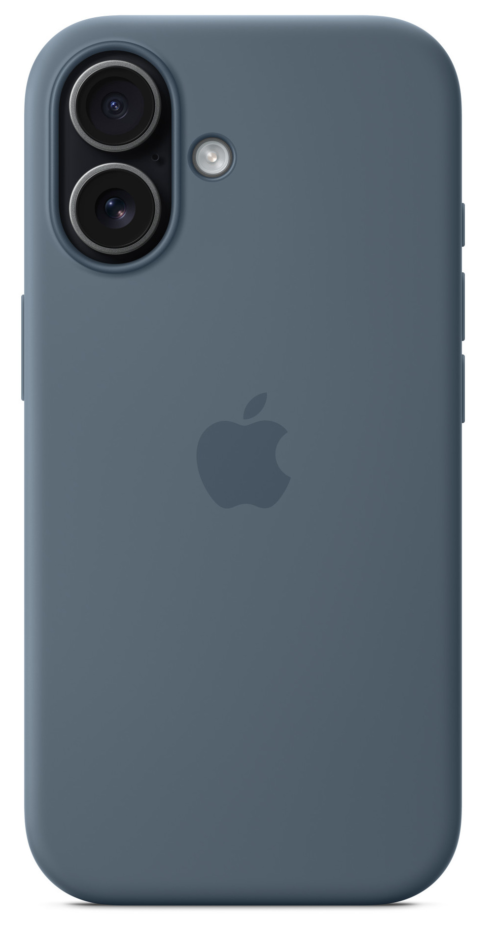 Etui na telefon w kolorze łupkowego błękitu z logo Apple. Widoczne są dwa obiektywy aparatu i lampa błyskowa. Białe tło.