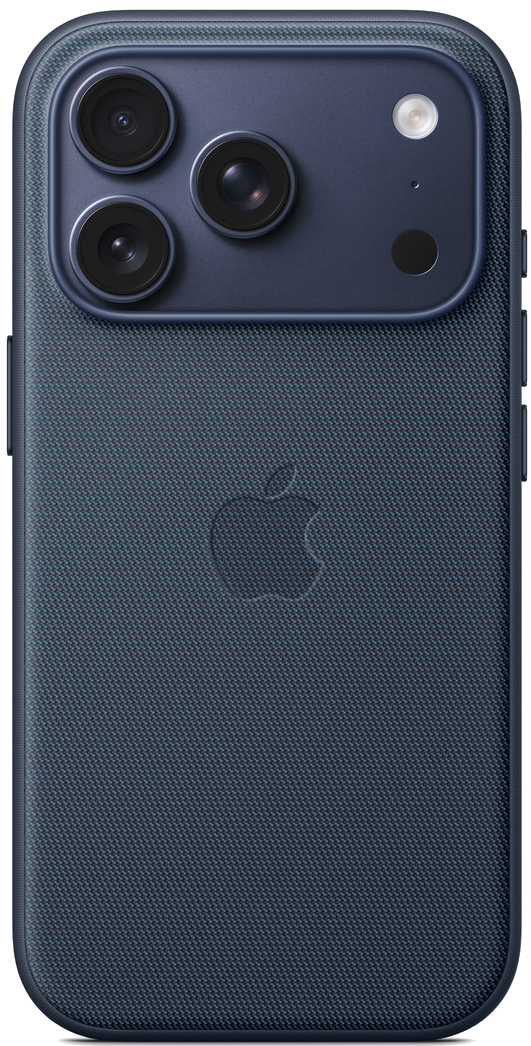 Una funda azul oscuro para iPhone con parte trasera texturizada, logotipo de Apple y múltiples lentes de cámara. La funda tiene bordes redondeados.