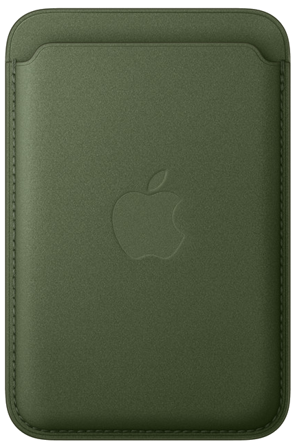Una billetera MagSafe de Apple de cuero verde oliva. Presenta el logotipo de Apple en relieve en la parte delantera. La billetera tiene un diseño de bolsillo.