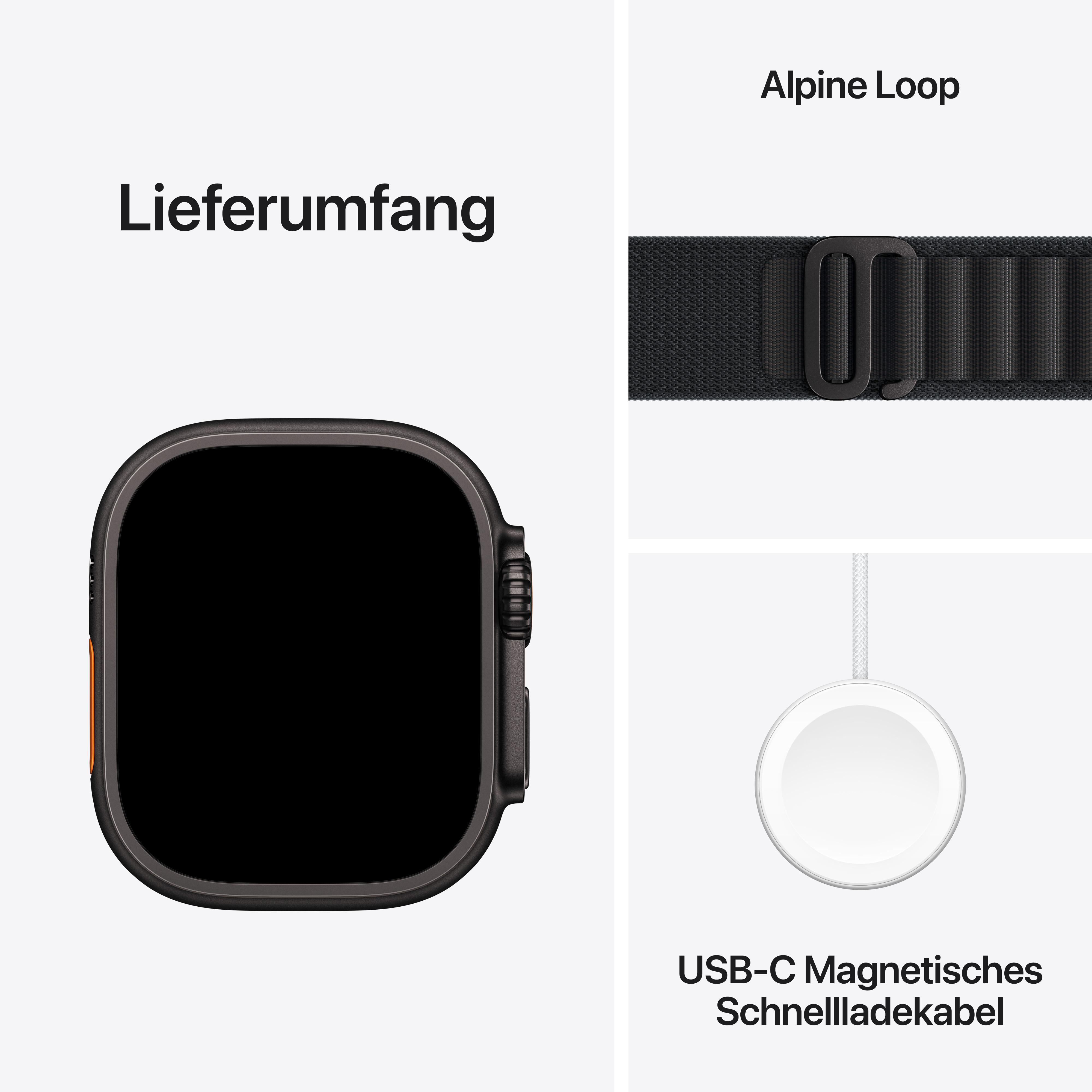 Eine schwarze Smartwatch, ein Alpine Loop-Armband und ein magnetisches USB-C-Ladekabel auf weißem Hintergrund.