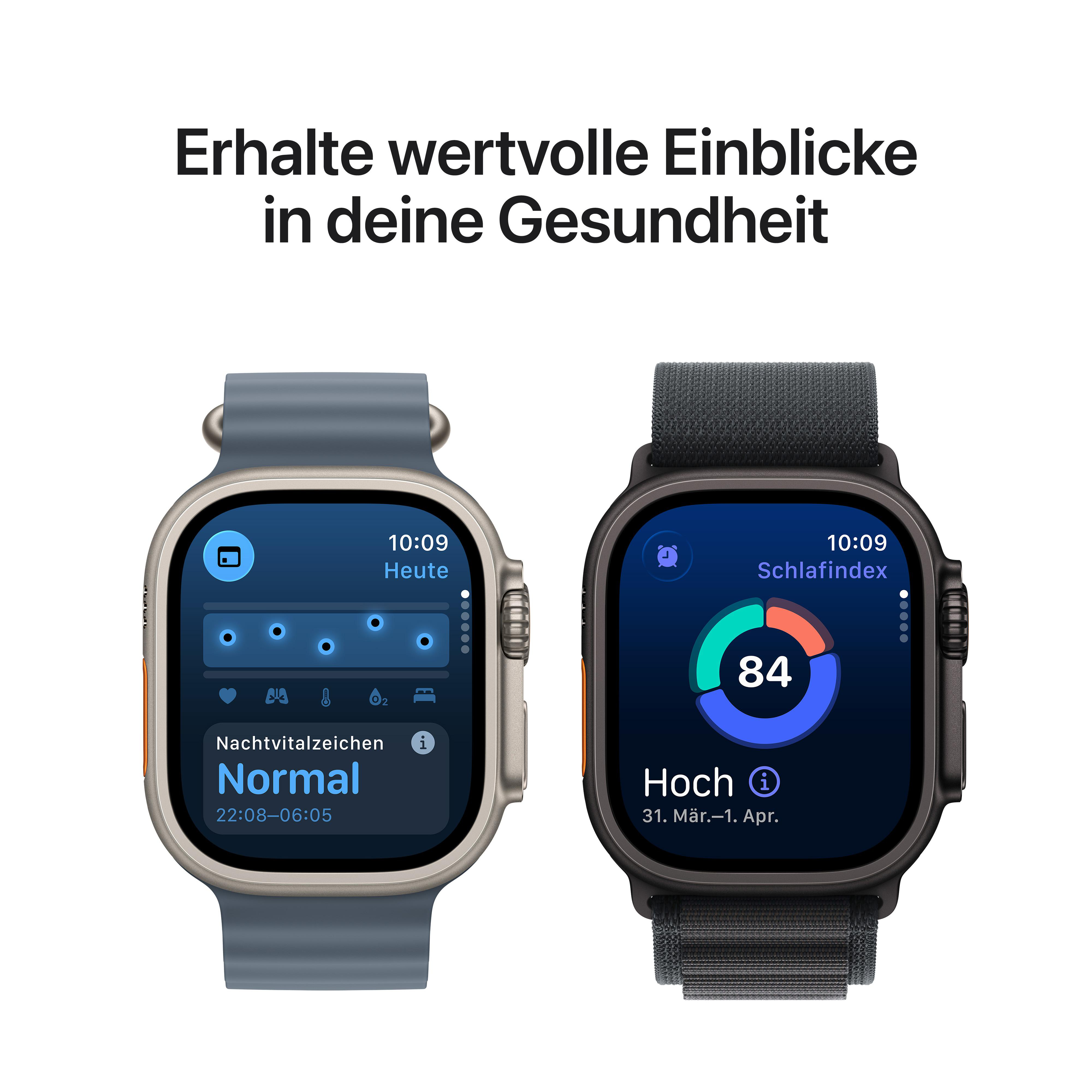 Zwei Smartwatches zeigen Gesundheitsdaten. Eine zeigt Schlafdaten, die andere tägliche Gesundheitsmetriken.