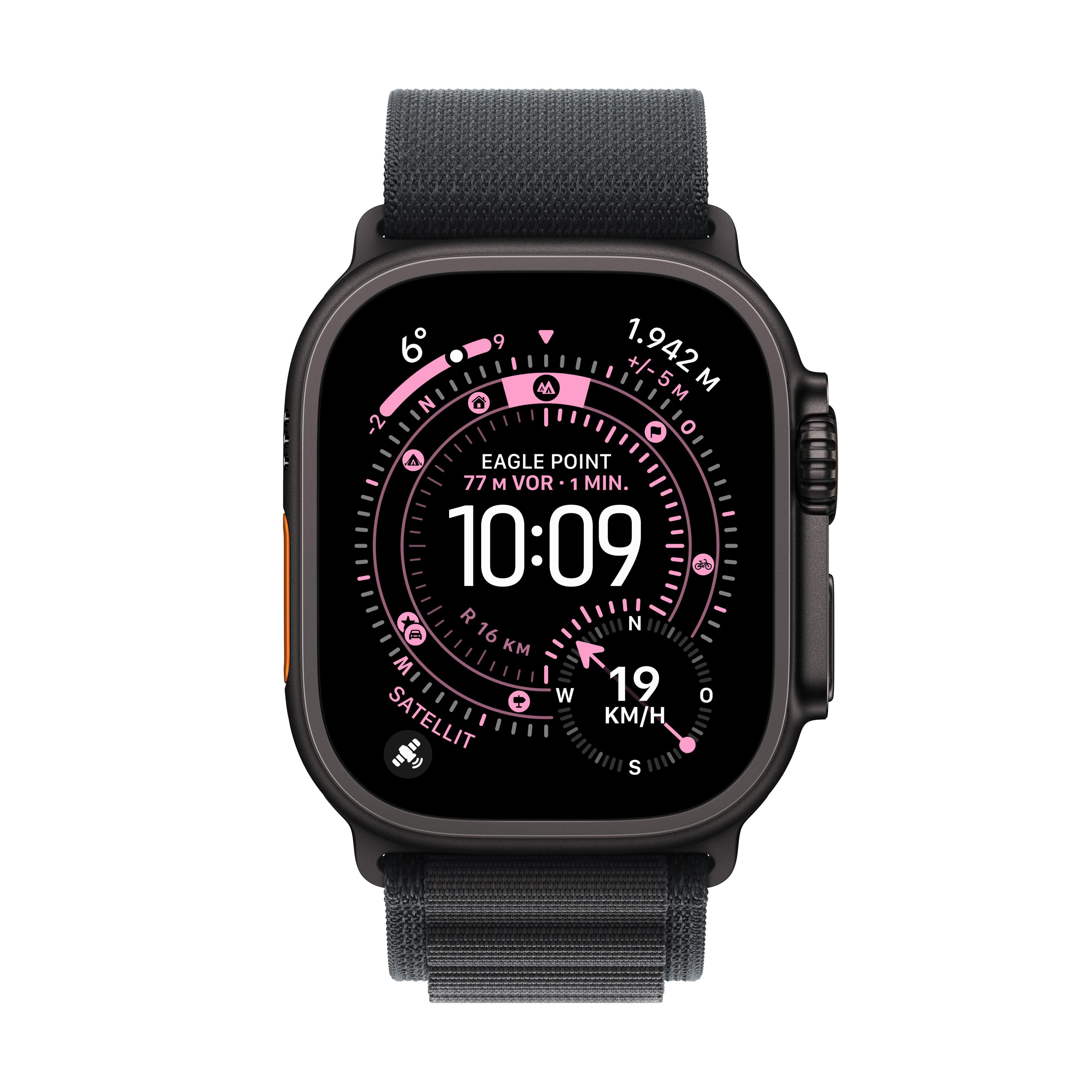 Eine schwarze Apple Watch Ultra zeigt Zeit, Geschwindigkeit und Standortdaten an. Die Uhr hat ein schwarzes Armband und einen dunklen Bildschirm.