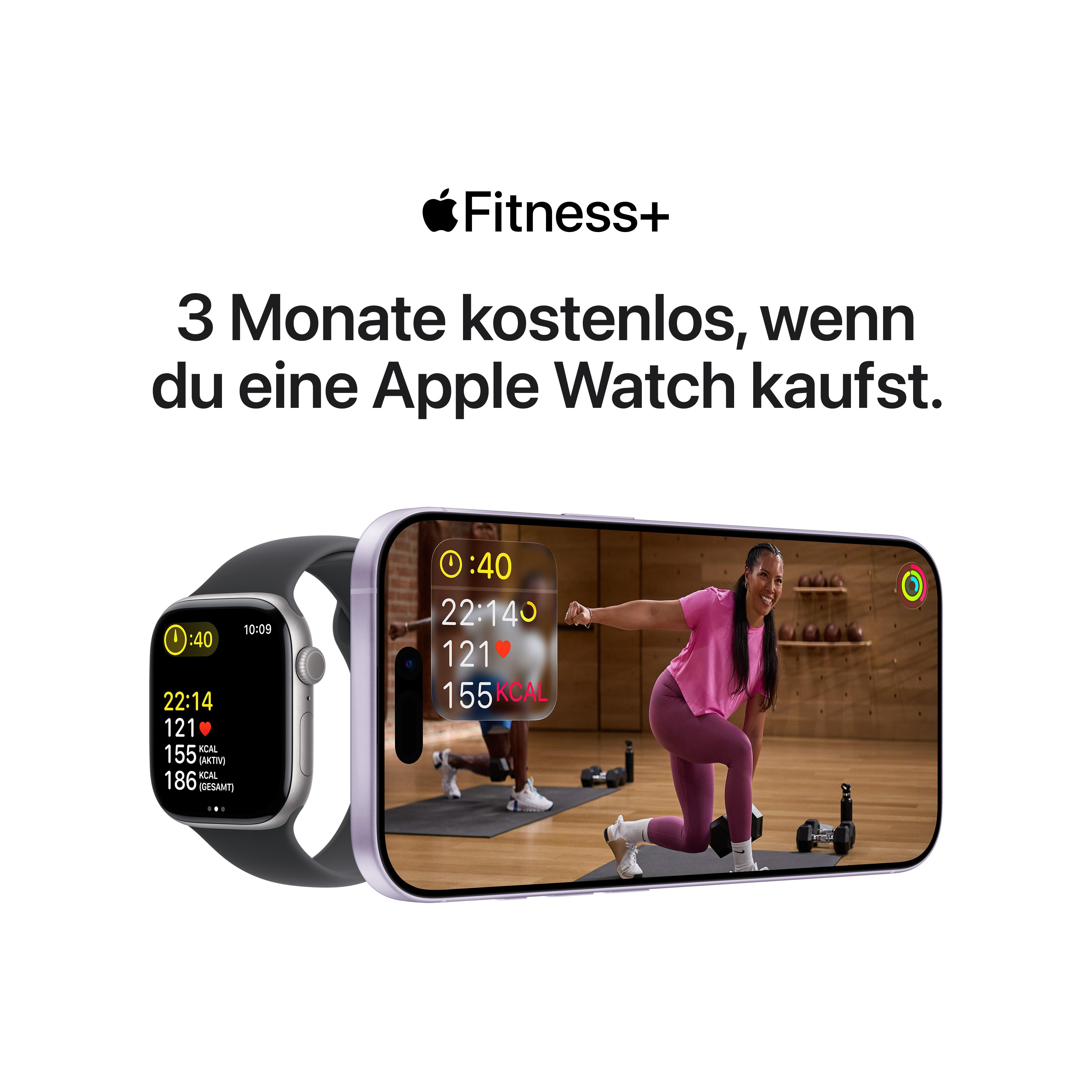 Eine Apple Watch zeigt Fitness-Metriken. Ein Bildschirm zeigt eine Frau beim Training. Text wirbt mit 3 Monaten kostenlos beim Kauf.