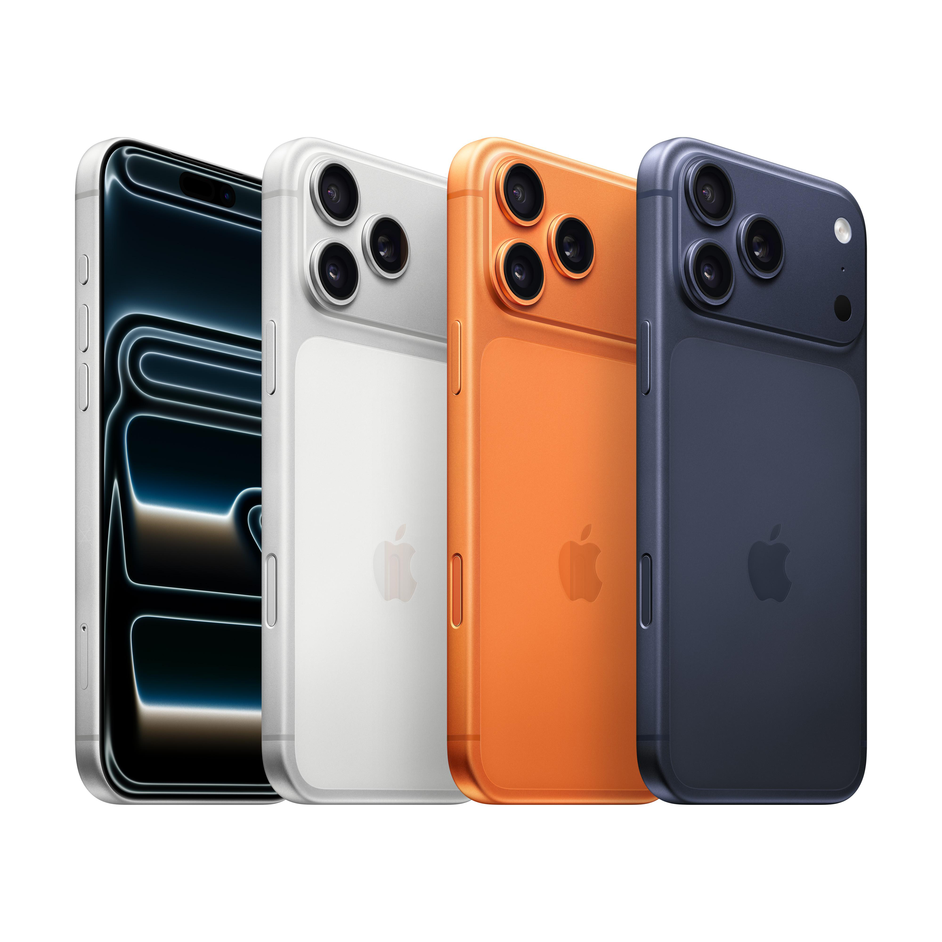 Vier Smartphones in verschiedenen Farben: Schwarz, Weiß, Orange und Dunkelblau. Jedes hat Kameras und das Apple-Logo.