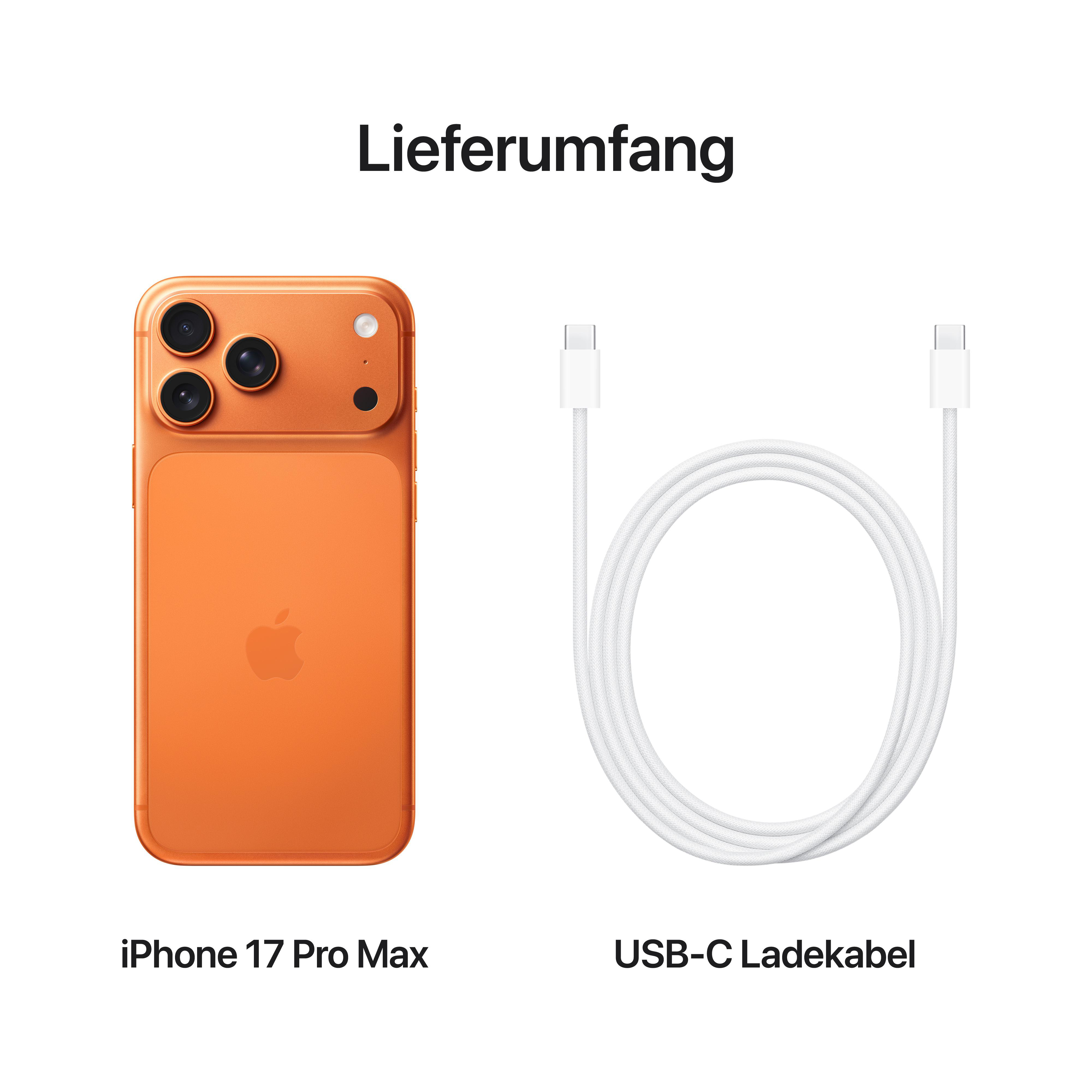 Ein orangefarbenes iPhone 17 Pro Max und ein weißes USB-C-Ladekabel werden angezeigt. Das Telefon hat drei Kameras.