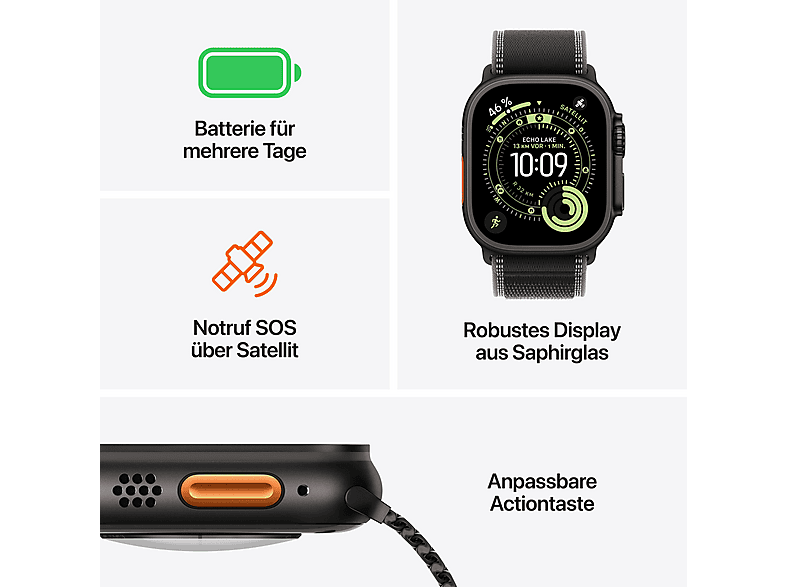 APPLE Watch Ultra 3 GPS + Cellular 49, 2025 Smartwatch Titangehäuse Polyester, 145-190 mm, Schwarz
