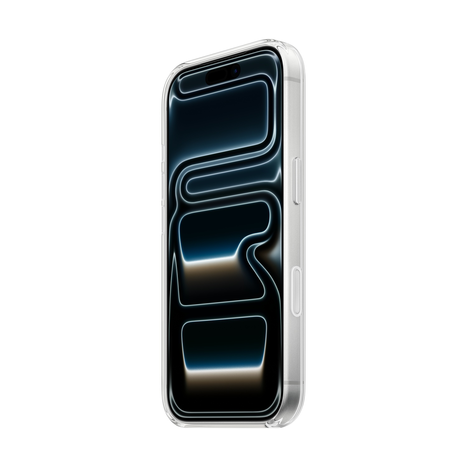 Een smartphone in een doorzichtige hoes, iets opzij gekanteld. Het scherm toont een donker, abstract ontwerp met heldere lijnen.