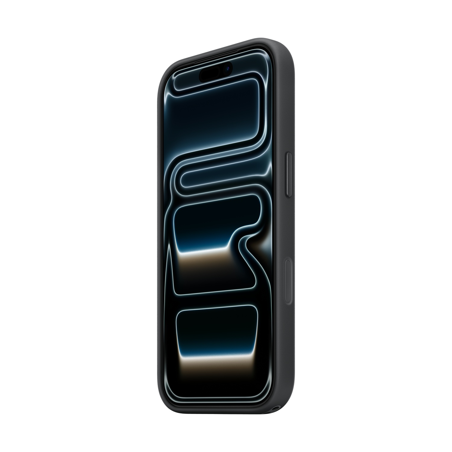 Un smartphone noir avec un écran lumineux affichant un motif néon incurvé est tenu en biais sur un fond blanc.