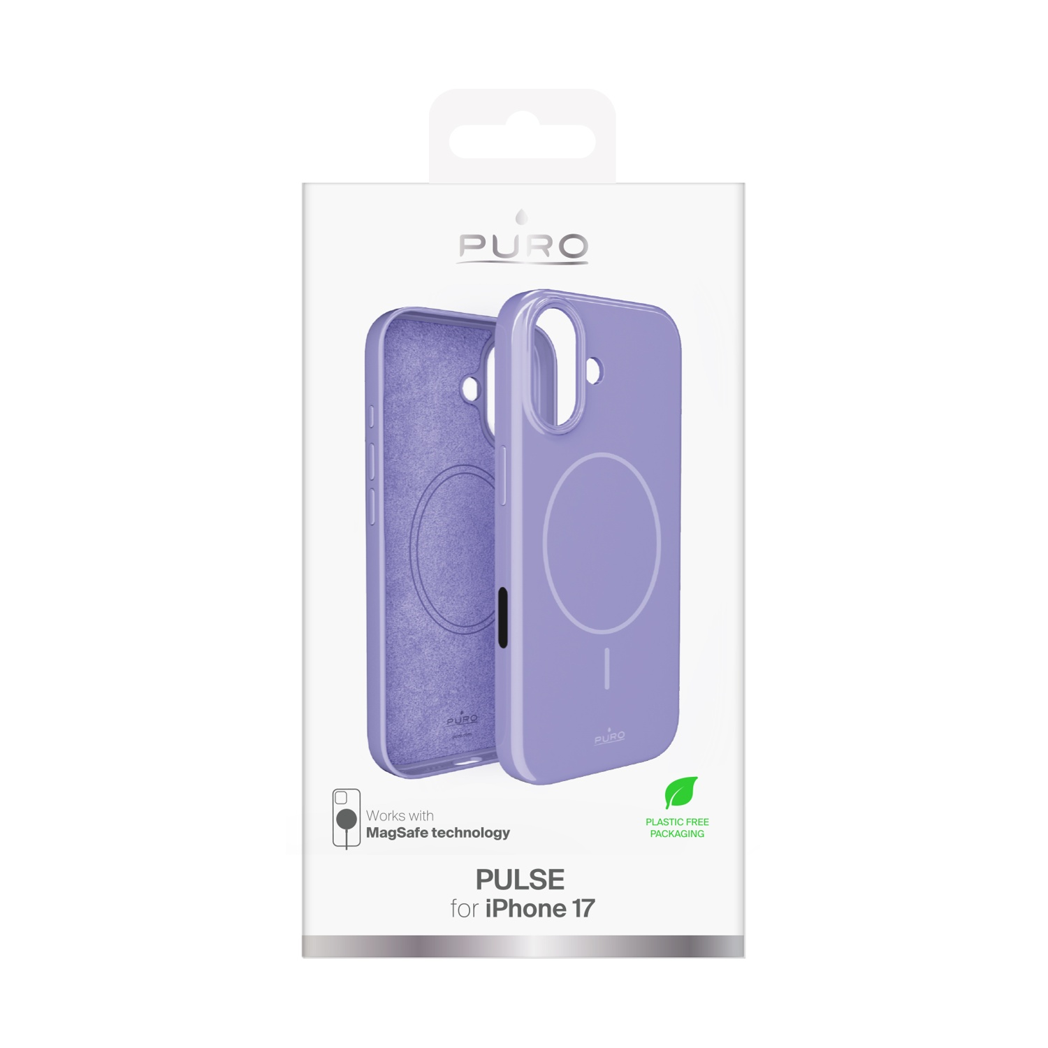 Una custodia per iPhone viola in una confezione. La custodia è in plastica ed è etichettata con 'PURO' e 'PULSE for iPhone 17'.