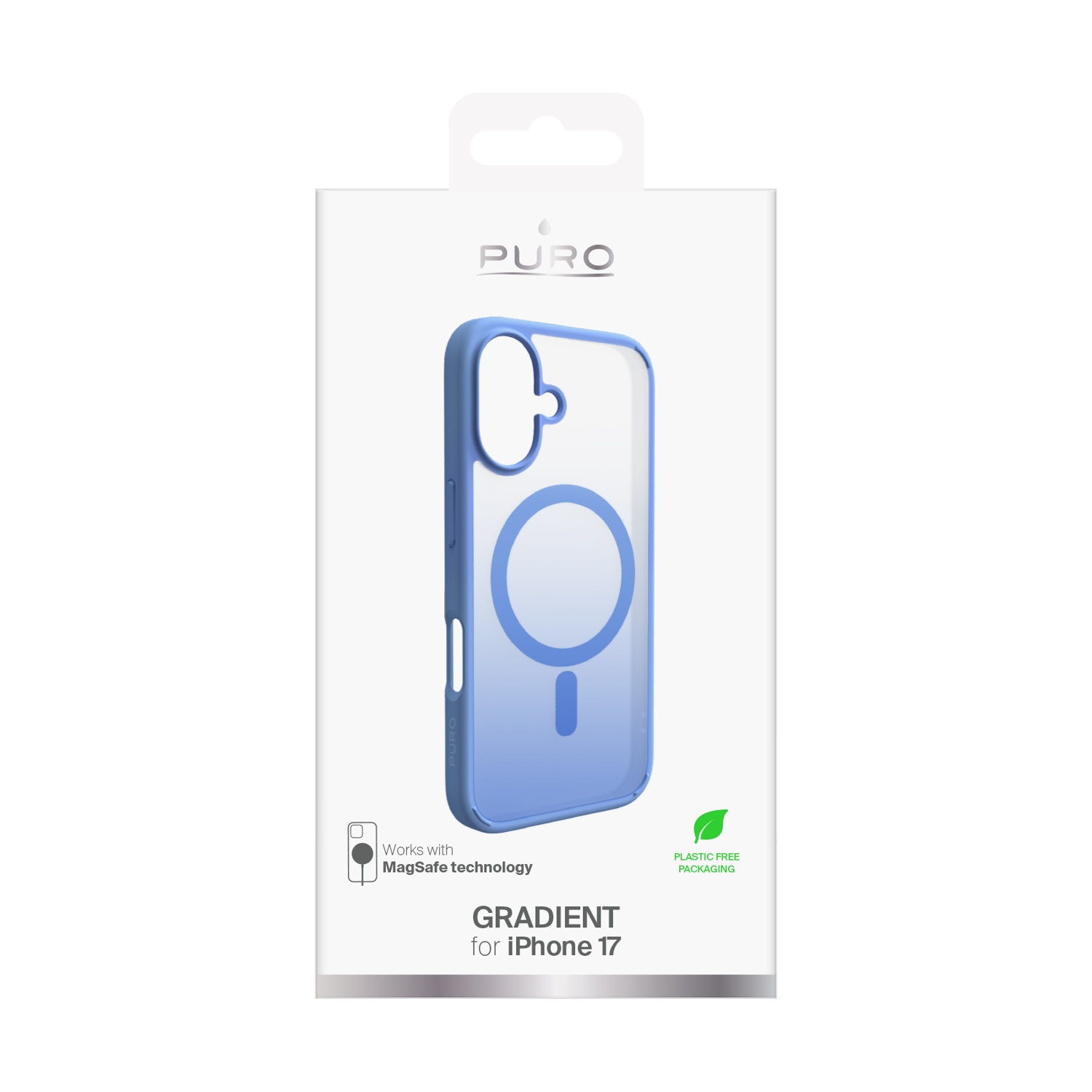 Una custodia trasparente per telefono con sfumatura blu, progettata per iPhone 17. La confezione mostra il marchio 'PURO' e la tecnologia MagSafe.