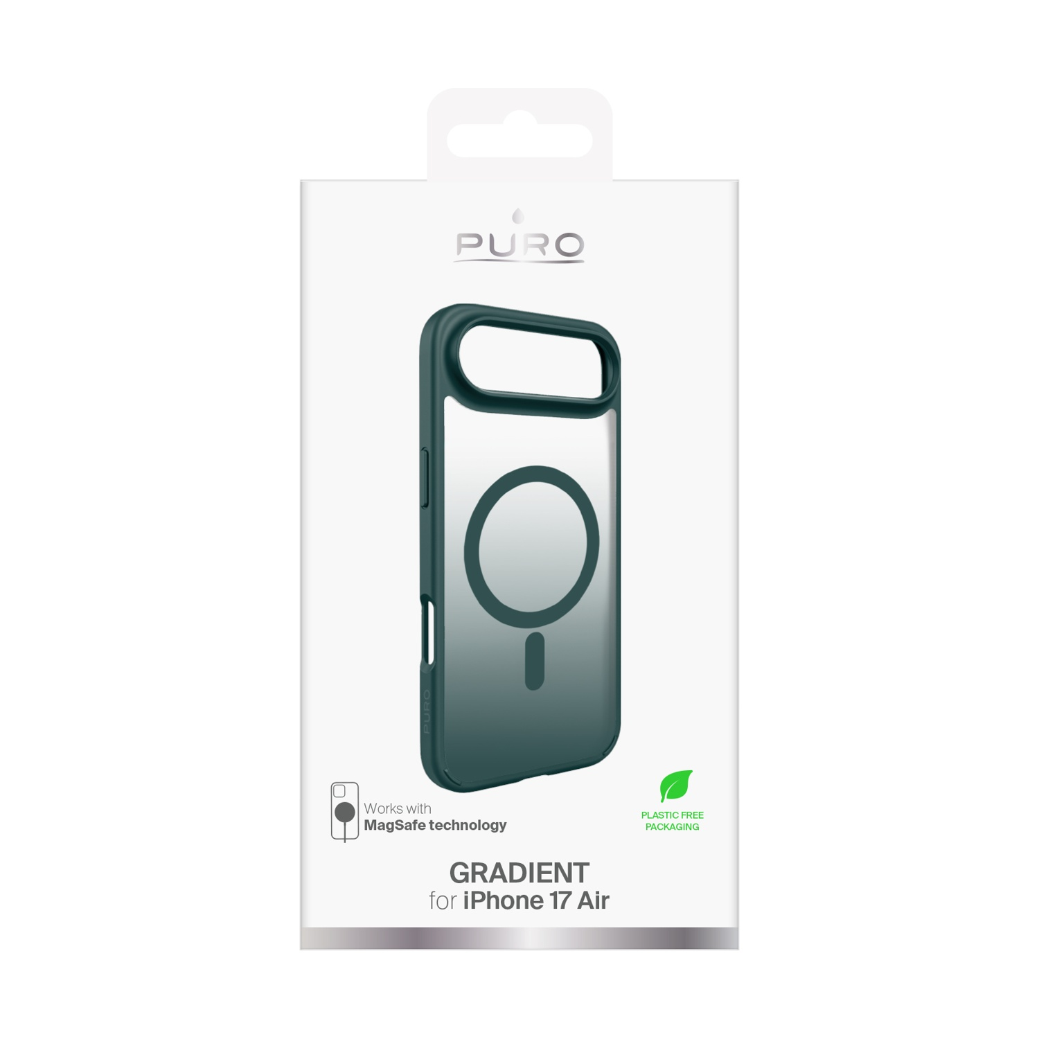 Una custodia per telefono in una scatola. La custodia è verde sfumato. La scatola dice 'Gradient' e 'Plastic Free Packaging'.