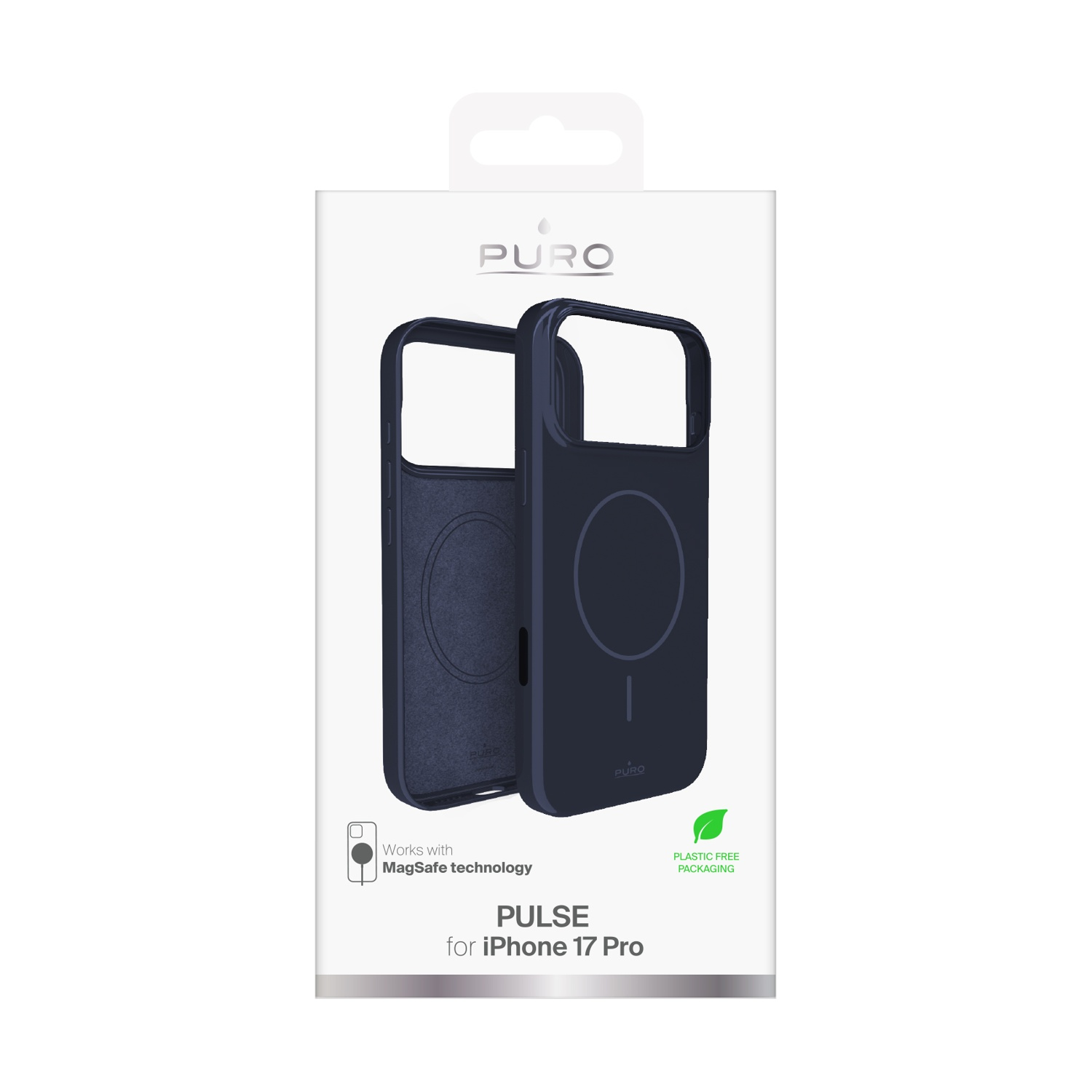 Una custodia blu per iPhone 17 Pro è esposta nella sua confezione. La confezione include il marchio 'Puro' e 'Imballaggio senza plastica'.