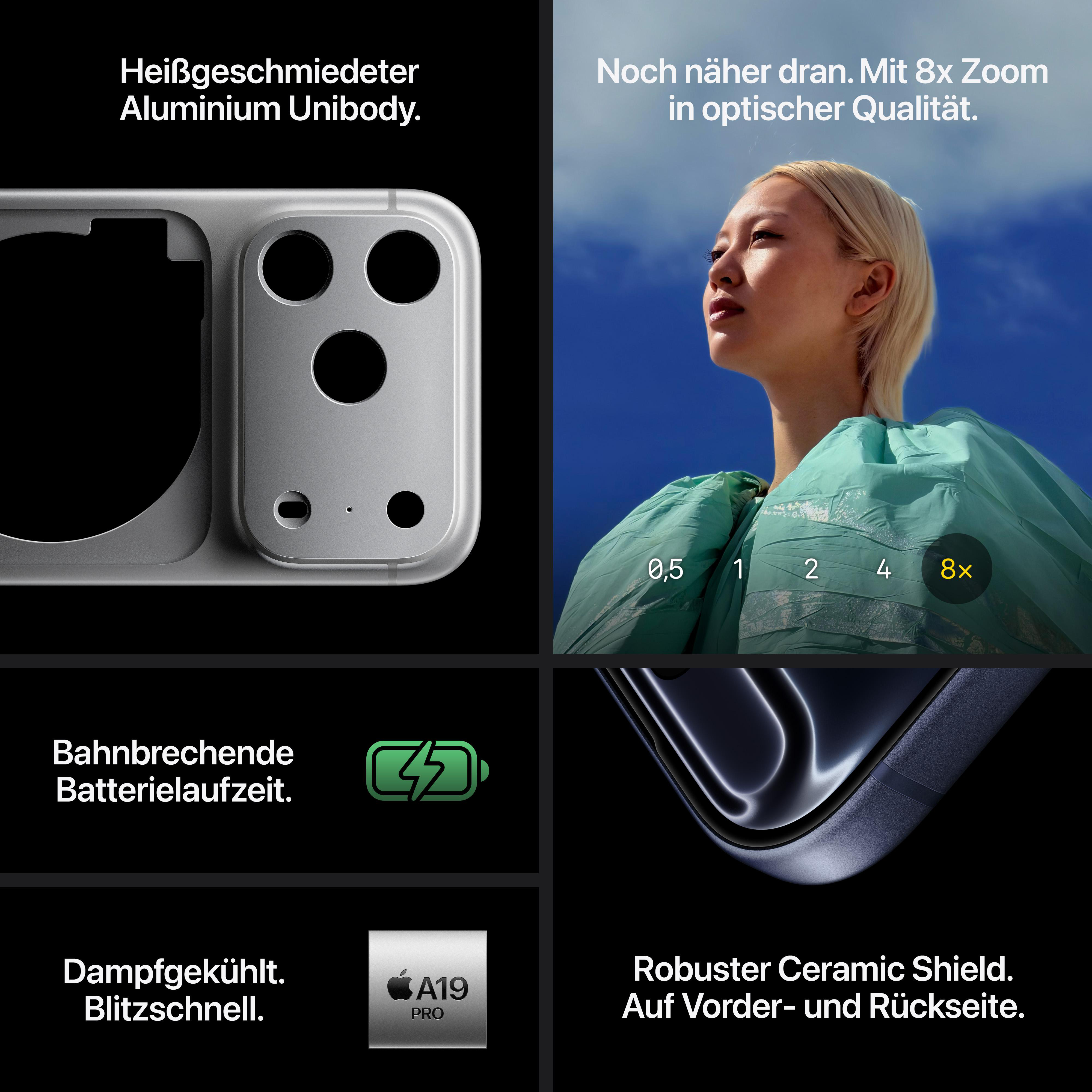 Das Bild zeigt ein Telefon mit Funktionen wie Zoom, Akkulaufzeit und Keramikschild. Im Hintergrund ist eine Frau.