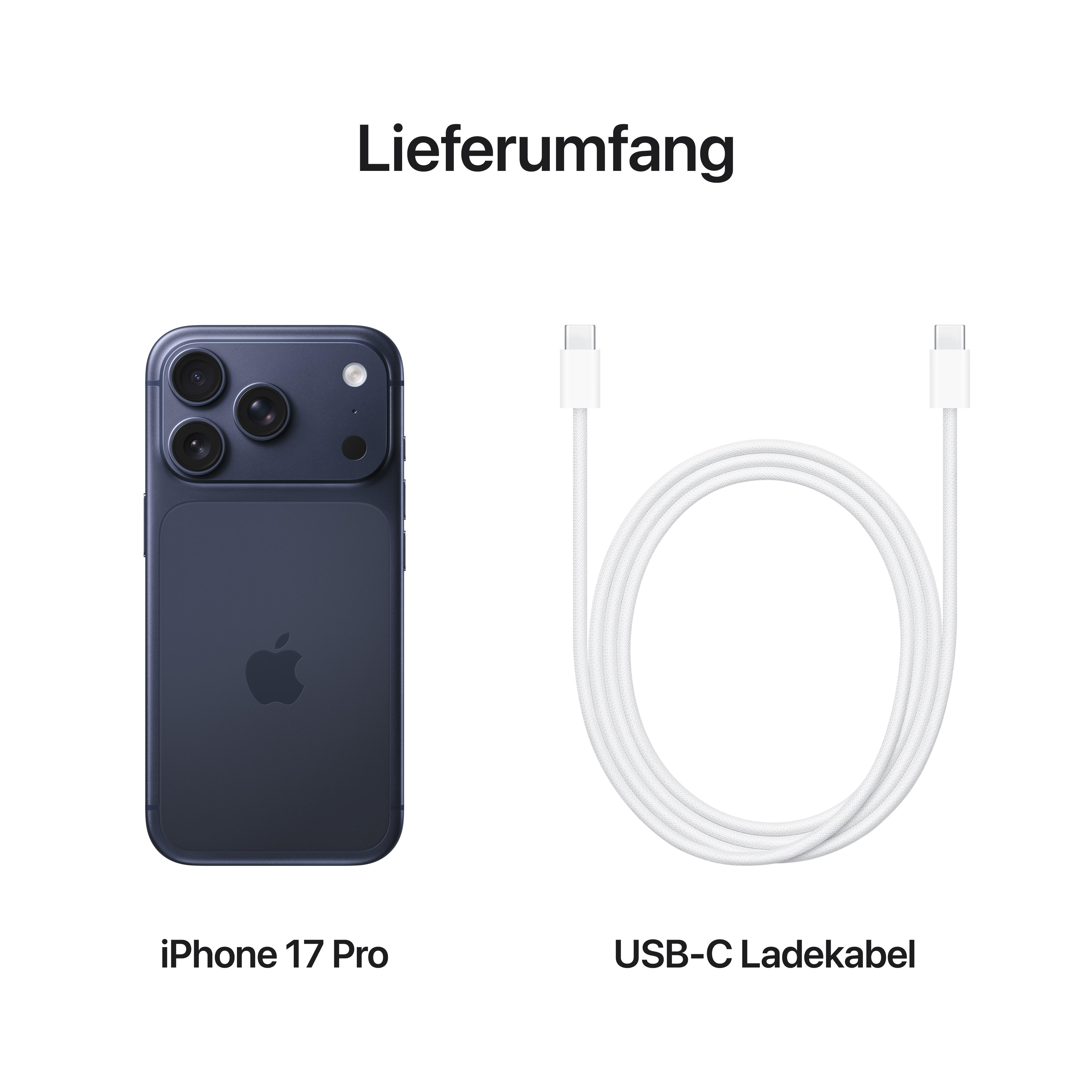 Ein iPhone 17 Pro und ein weißes USB-C-Ladekabel werden auf weißem Hintergrund angezeigt. Text lautet 'Lieferumfang'.
