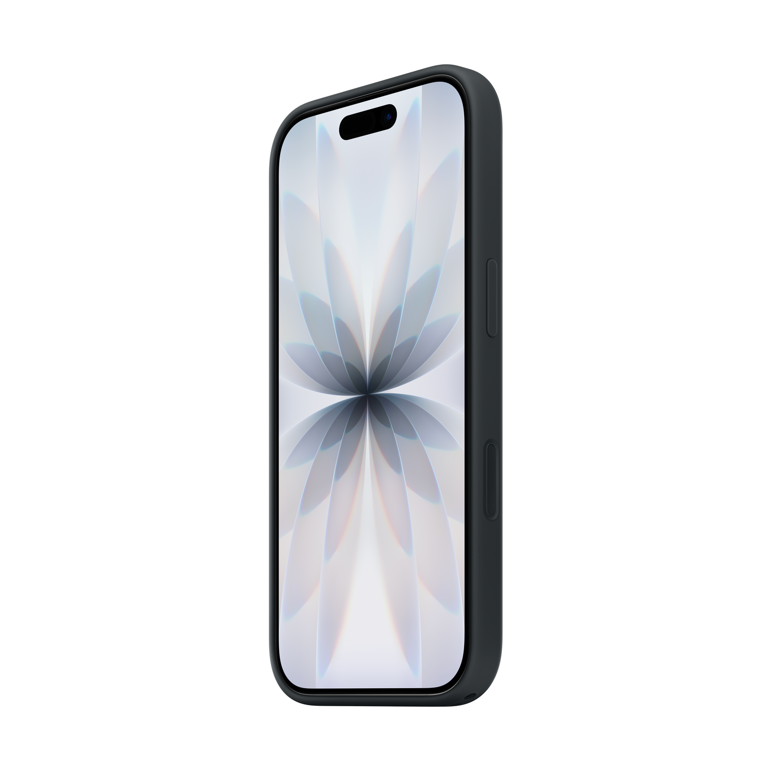 Een zwarte smartphone in een hoesje, met een wit scherm met een bloemenontwerp, tegen een witte achtergrond.