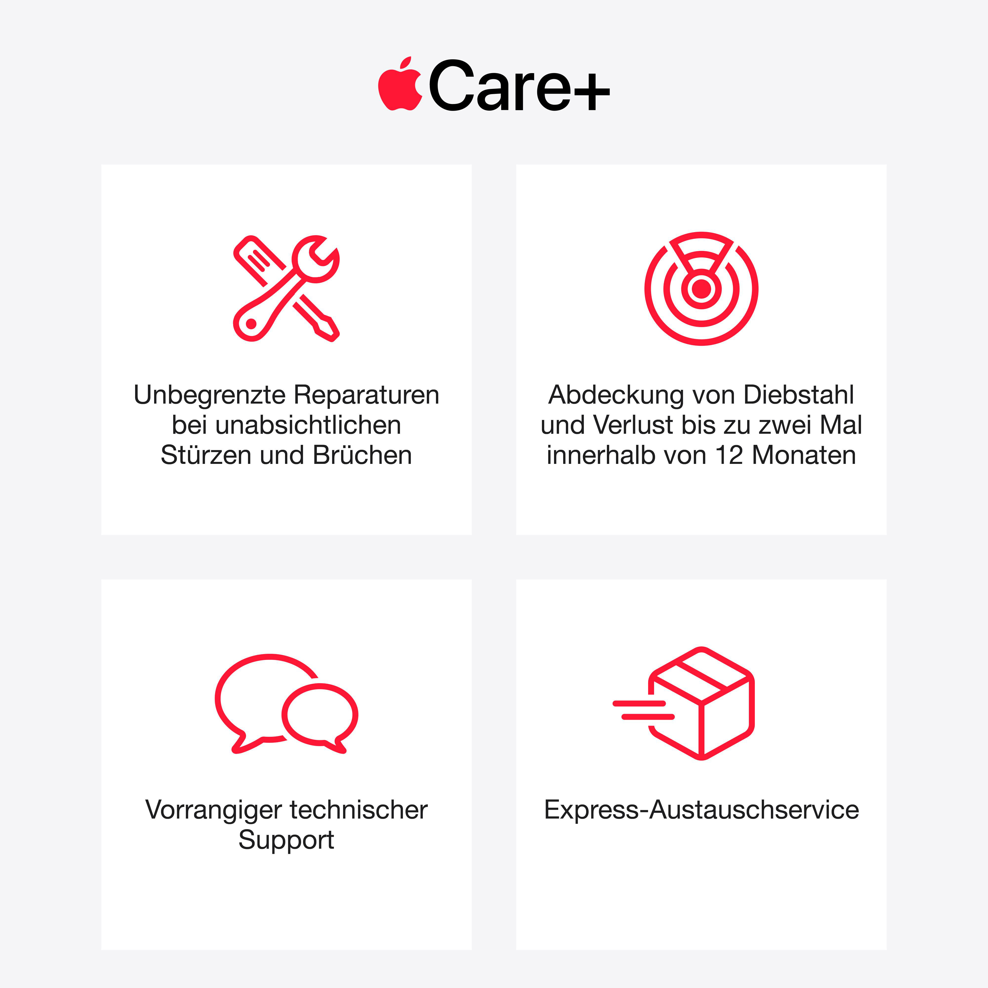 Apple Care+ Logo mit vier roten Symbolen: Schraubenschlüssel, Zielscheibe, Sprechblasen und eine Kiste mit Pfeil. Text erklärt Vorteile.