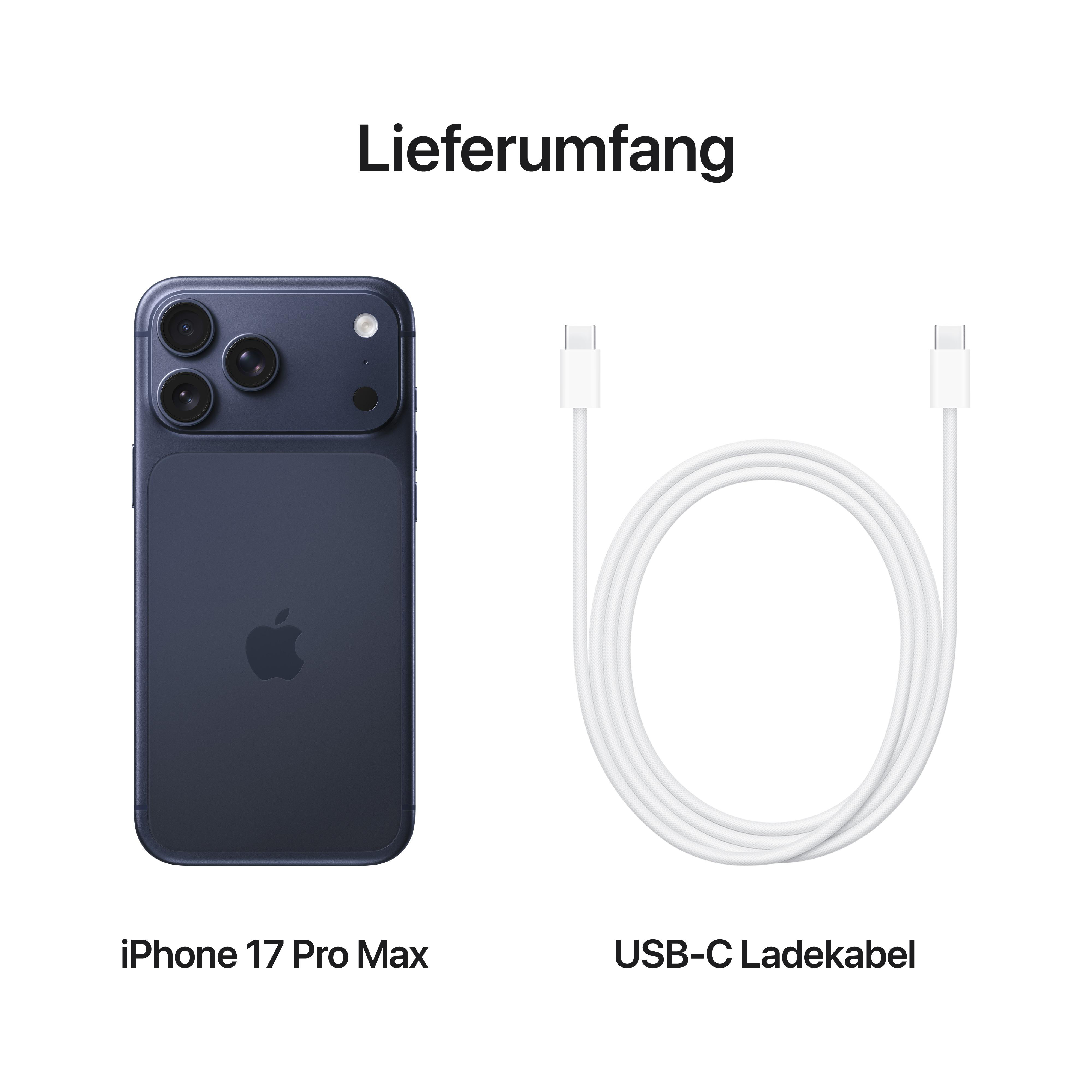 Das Bild zeigt ein iPhone 17 Pro Max in Blau mit einem weißen USB-C-Ladekabel. Text: Lieferumfang.