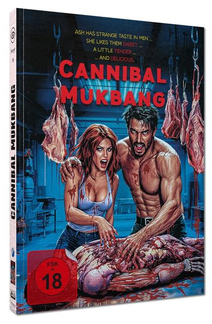 Cover für 'Cannibal Mukbang' zeigt ein Paar mit blutigem Leichnam, Fleisch und der FSK 18-Bewertung.