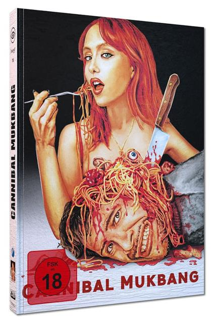 Eine Frau isst Spaghetti von einem blutigen Kopf. Ein Messer steckt im Kopf und es gibt ein Auge. Horrorfilm-Cover.