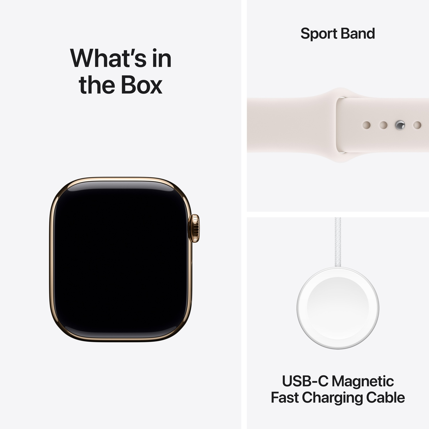 L'image montre le contenu de la boîte : une Apple Watch dorée, un bracelet sport crème et un câble de charge rapide magnétique USB-C.