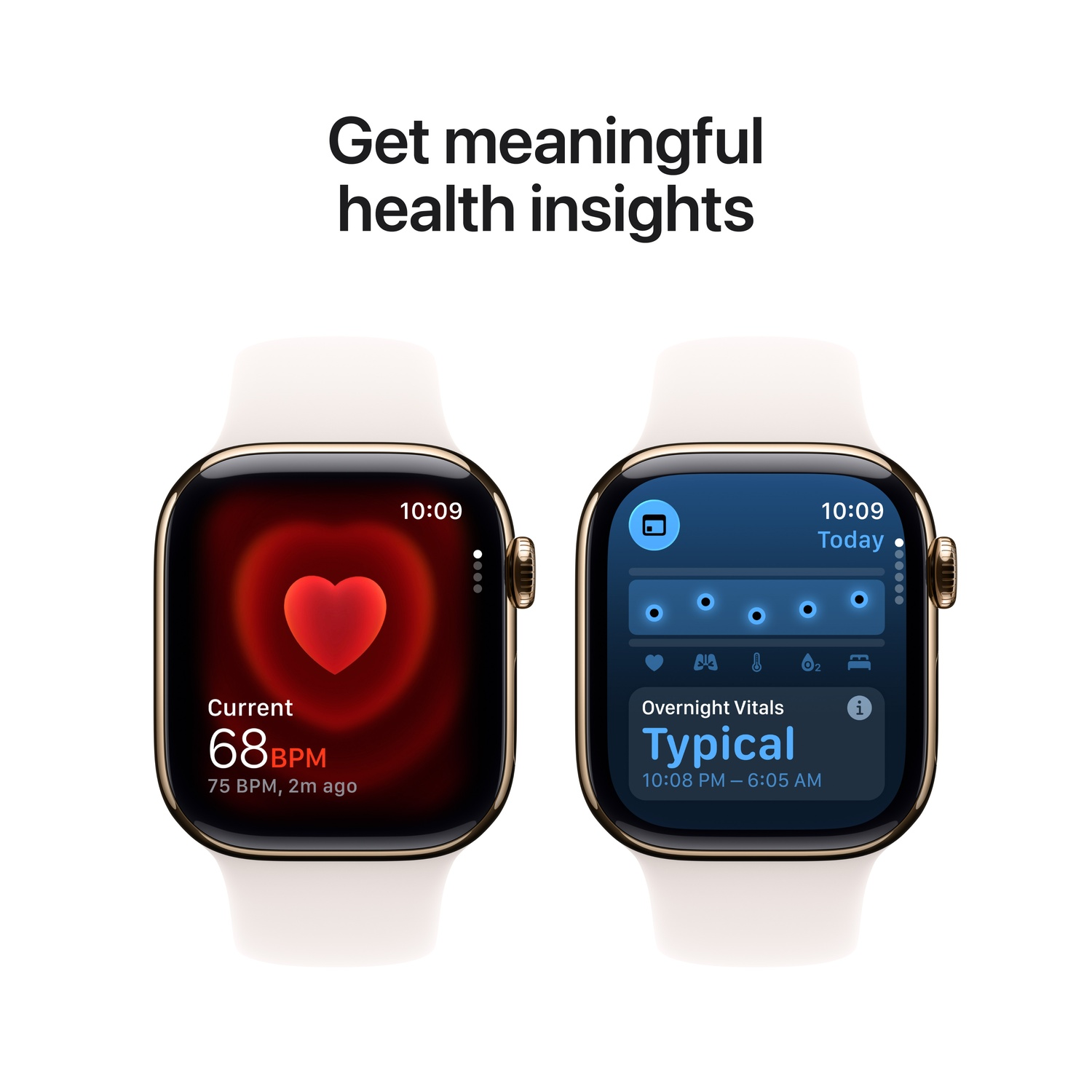 Deux montres connectées affichent des données de santé. L'une montre la fréquence cardiaque rouge, l'autre les signes vitaux nocturnes.