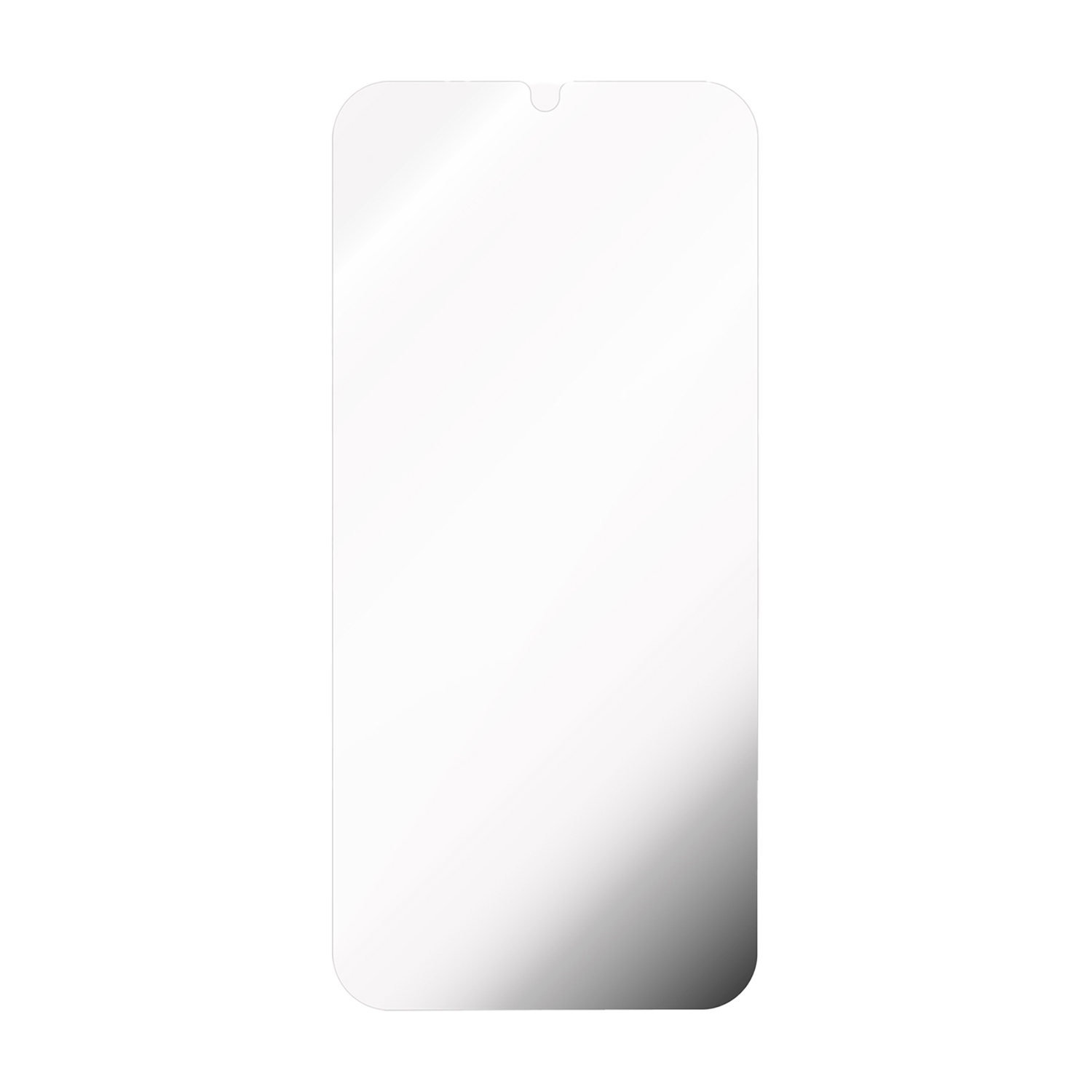 Un protettore schermo rettangolare e trasparente per telefono. Ha angoli arrotondati, un notch in alto e un effetto gradiente dall'alto verso il basso.