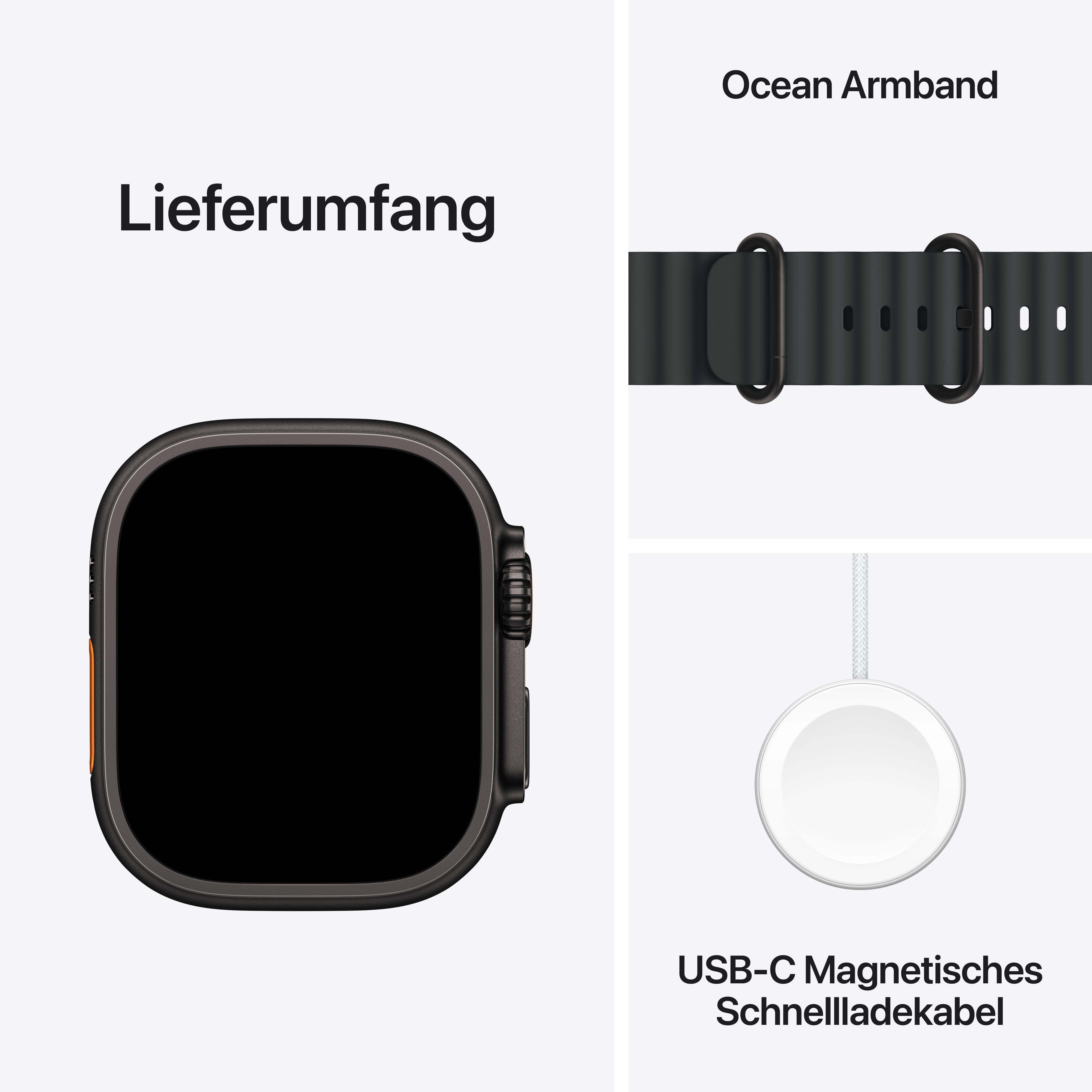 Eine schwarze Smartwatch, ein Ozean-Armband und ein weißes magnetisches Ladekabel auf weißem Hintergrund.