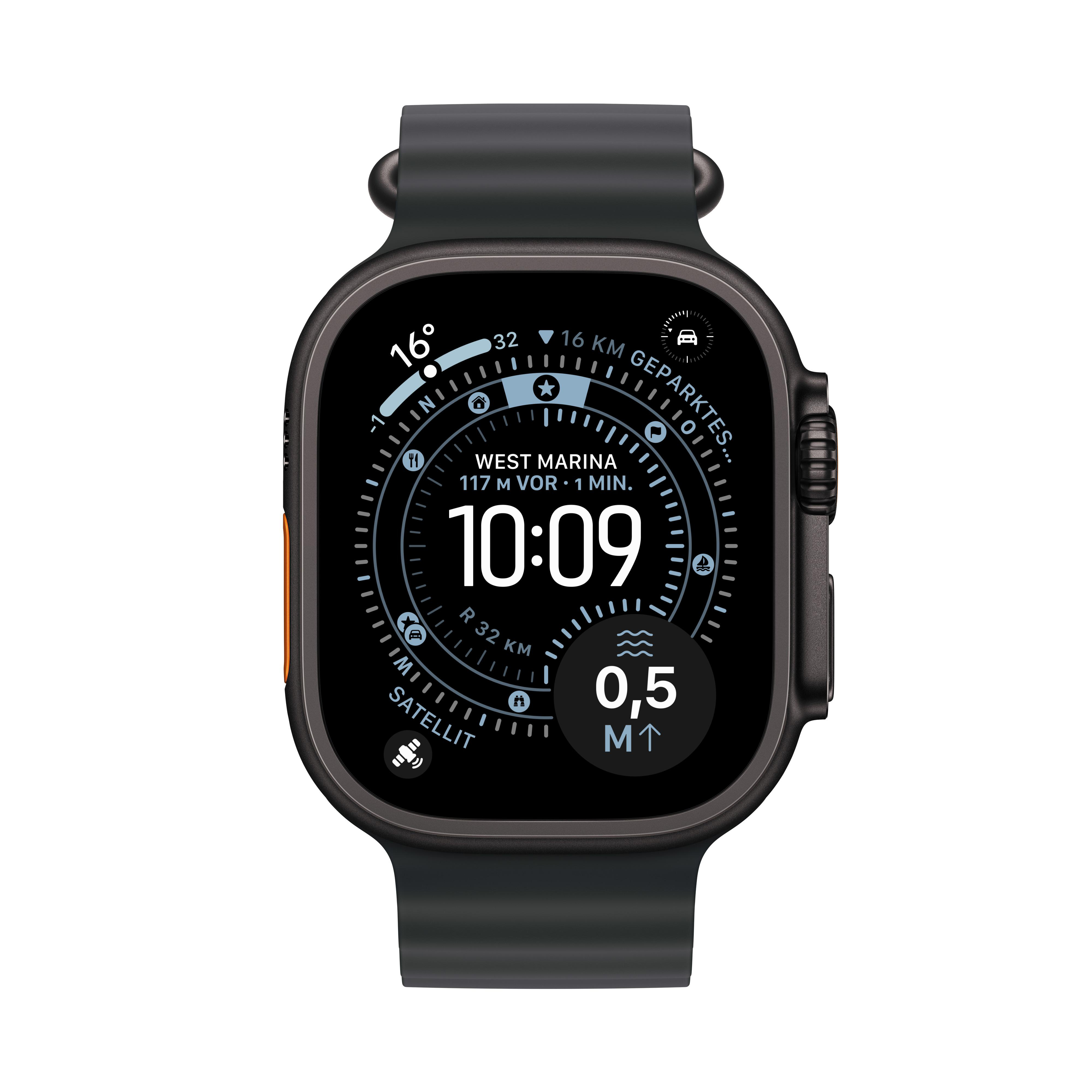 Eine schwarze Apple Watch zeigt Zeit, Temperatur und andere Daten an. Die Uhr hat ein schwarzes Armband und ein schwarzes Zifferblatt mit weißem Text.