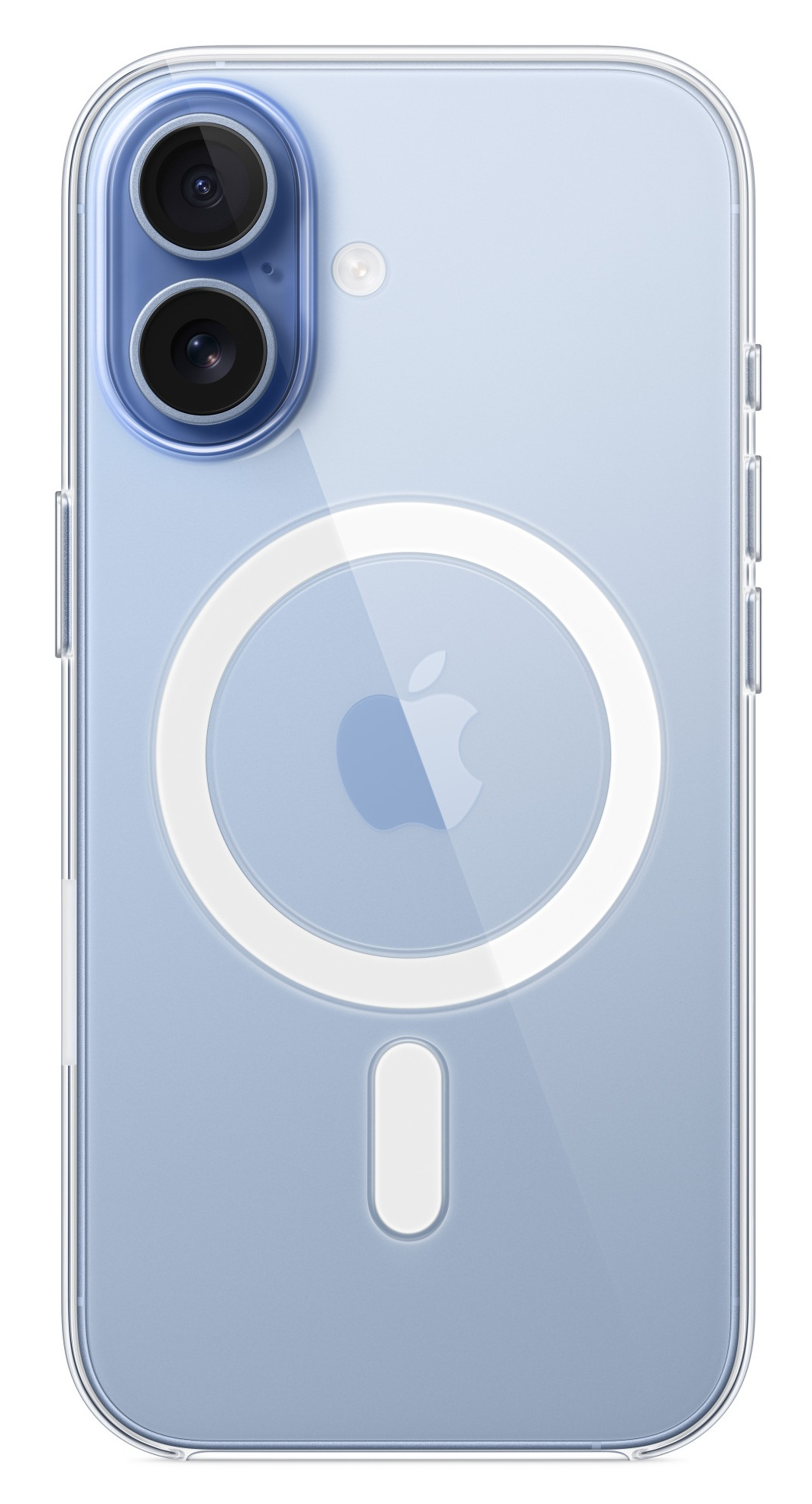 Przezroczyste etui na telefon na jasnoniebieskim telefonie. Z tyłu białe koło i logo Apple. Widoczne dwa aparaty.