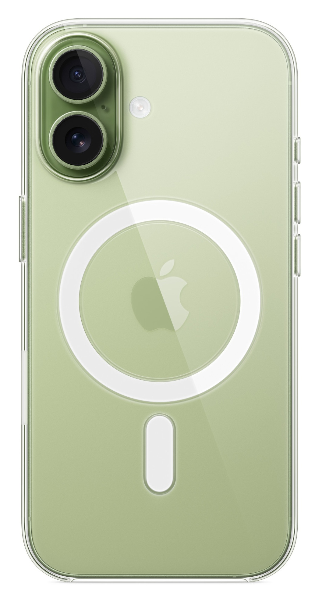 Etui na telefon z dwoma obiektywami aparatu. Etui jest przezroczyste z zielonym odcieniem i ma biały pierścień i prostokąt MagSafe.