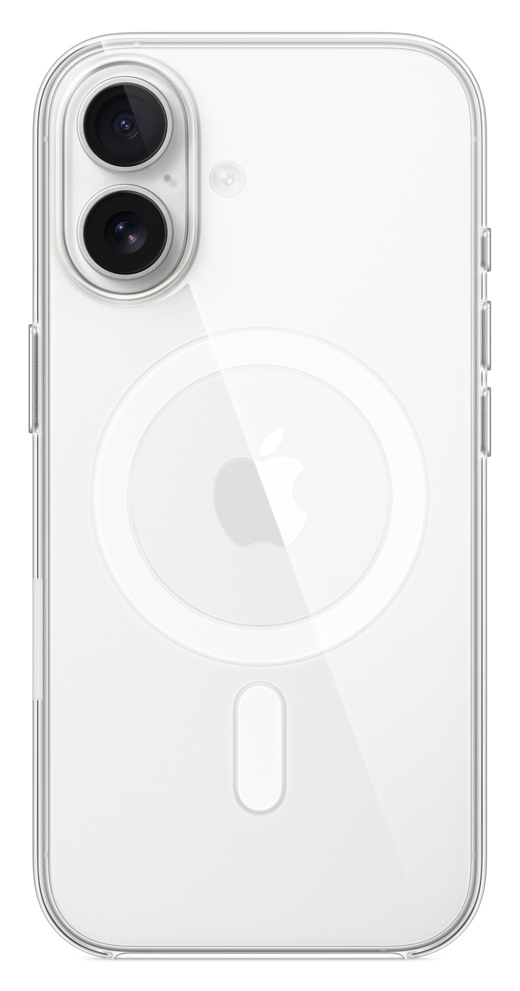 Tył przezroczystego etui na iPhone'a. Dwa obiektywy aparatu u góry i logo Apple pośrodku.