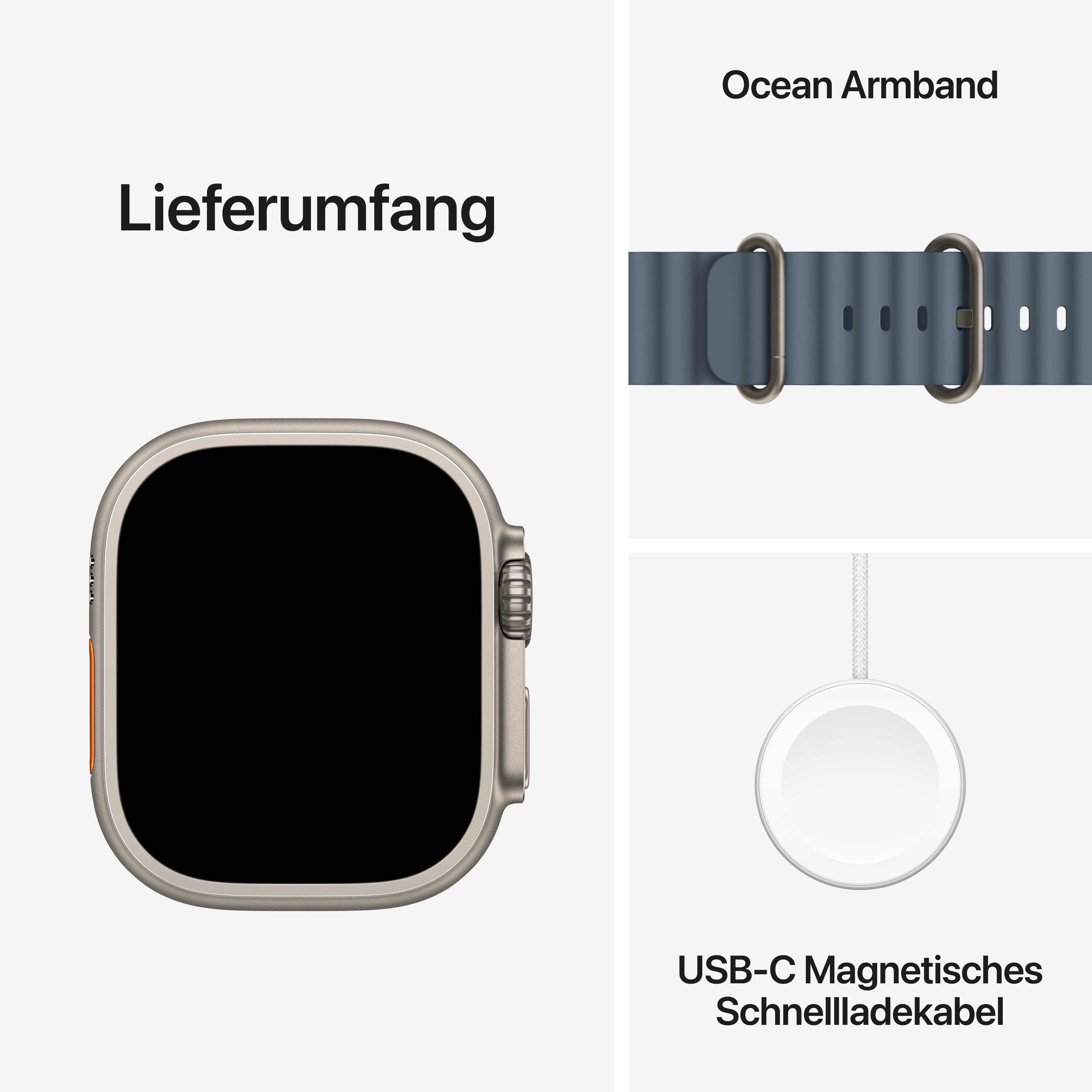 Eine Smartwatch, ein Ocean-Armband und ein magnetisches USB-C-Ladekabel, alles auf weißem Hintergrund.