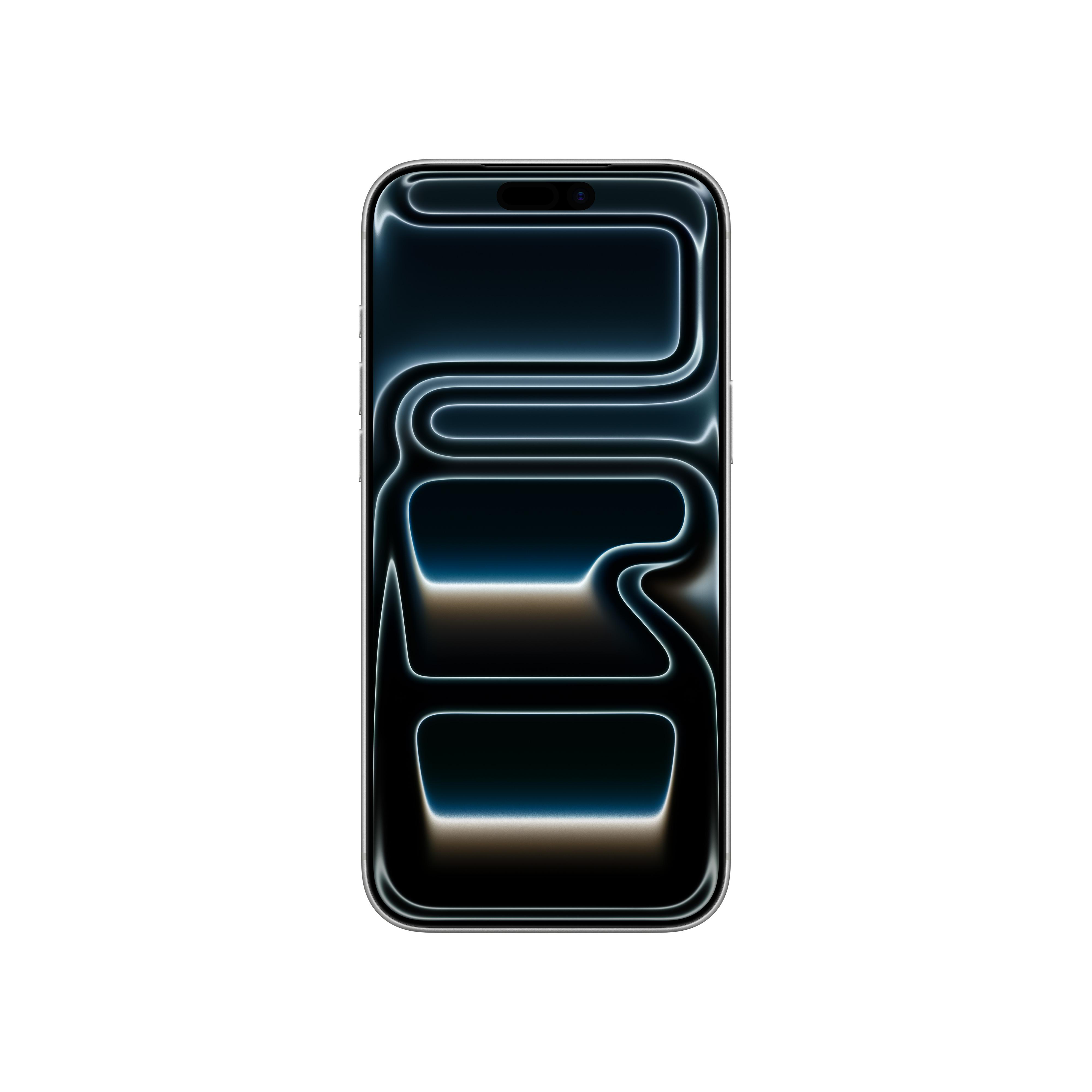 Ein Smartphone auf weißem Hintergrund. Der Bildschirm hat ein blau-weißes Design auf dunklem Hintergrund.