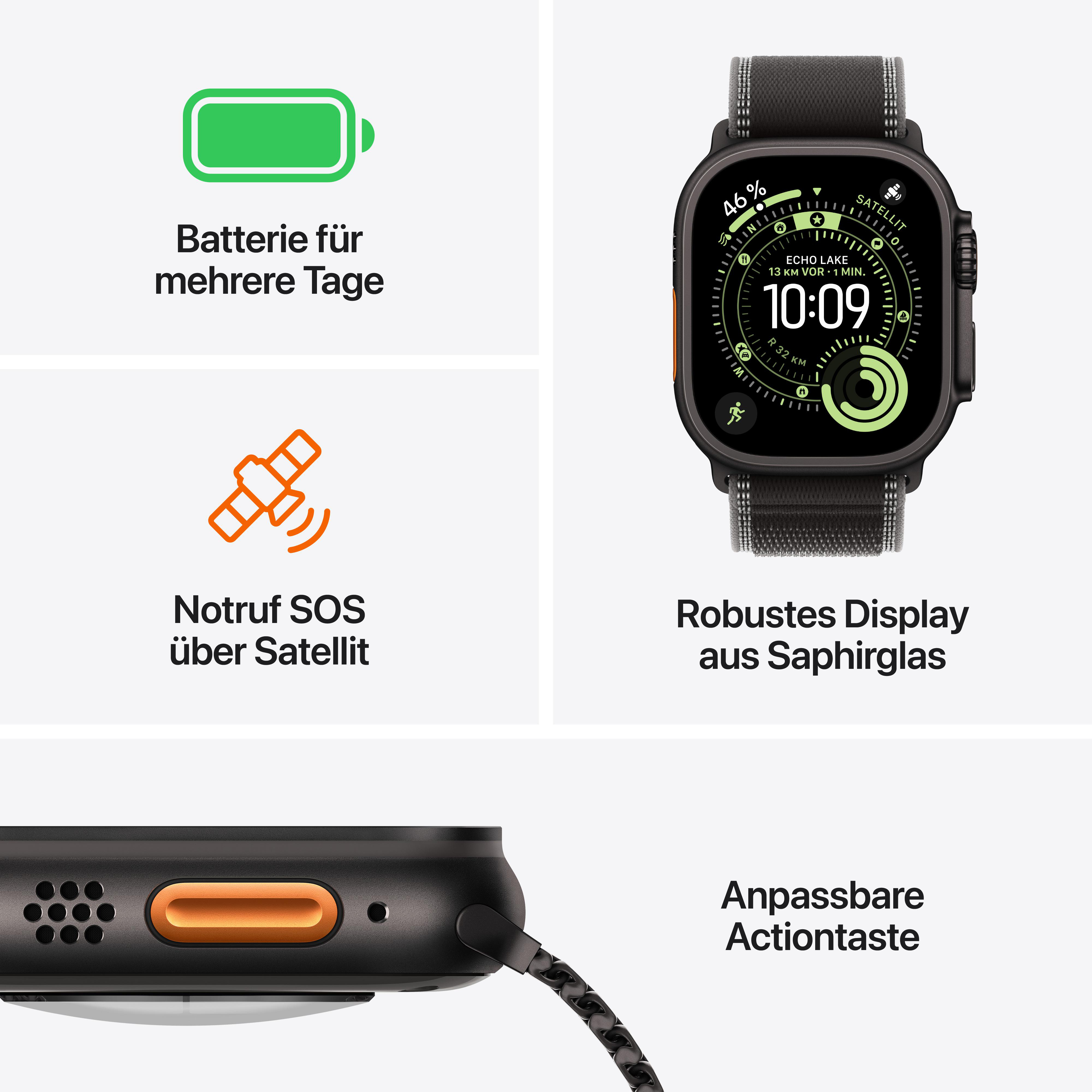 Eine Apple Watch zeigt Akkulaufzeit, SOS und Uhrzeit. Zu den Merkmalen gehören ein Saphirglas-Display und eine Aktionstaste.