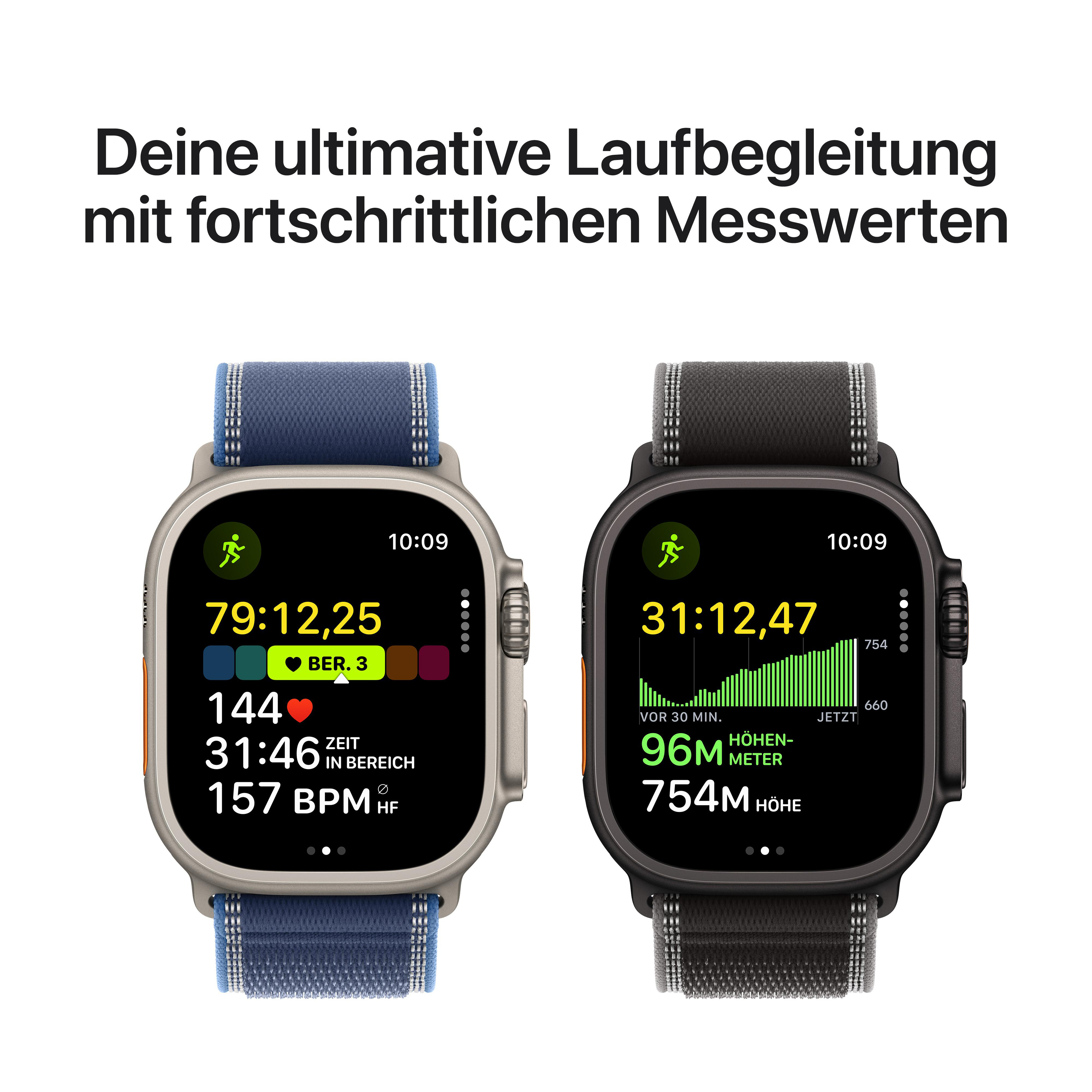 Zwei Smartwatches, die Laufmetriken anzeigen. Eine mit blauem Armband, die andere mit schwarzem Armband. Text oben.