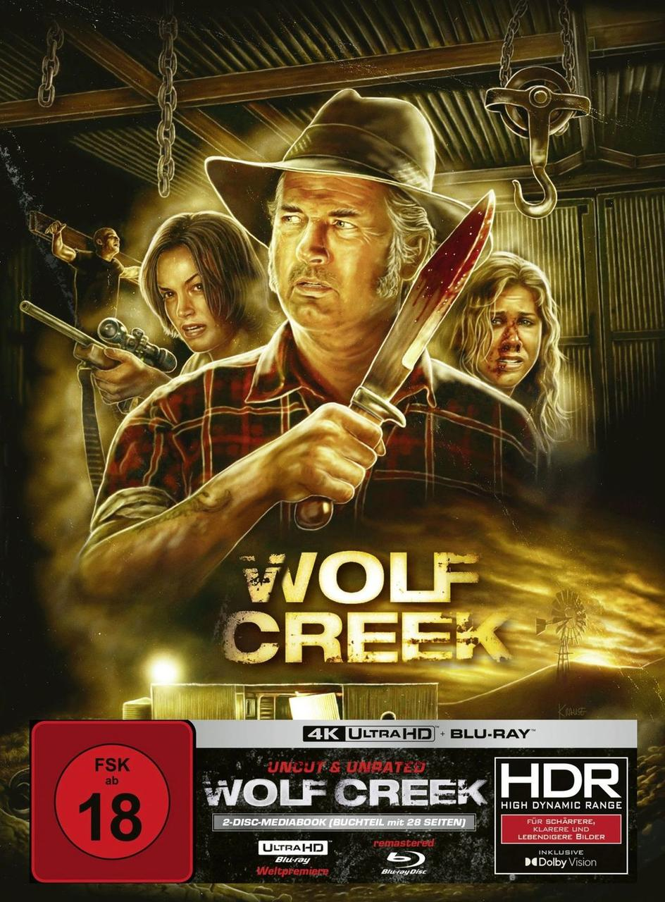 Filmplakat für Wolf Creek. Mann mit blutigem Messer, zwei Personen mit Waffen. Der Filmtitel ist unten prominent.