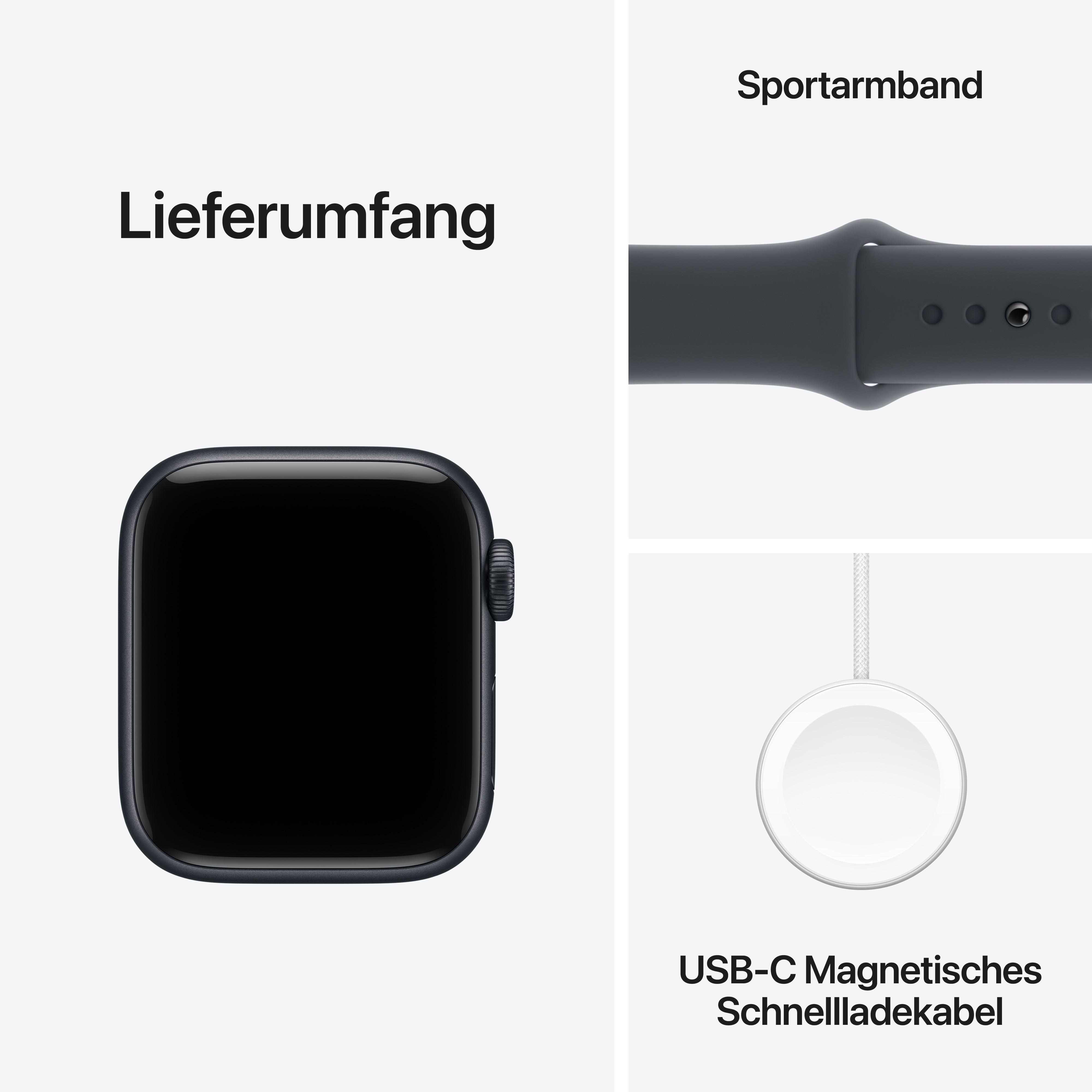 Eine Apple Watch, ein Sportarmband und ein magnetisches USB-C-Schnellladekabel werden auf weißem Hintergrund angezeigt.