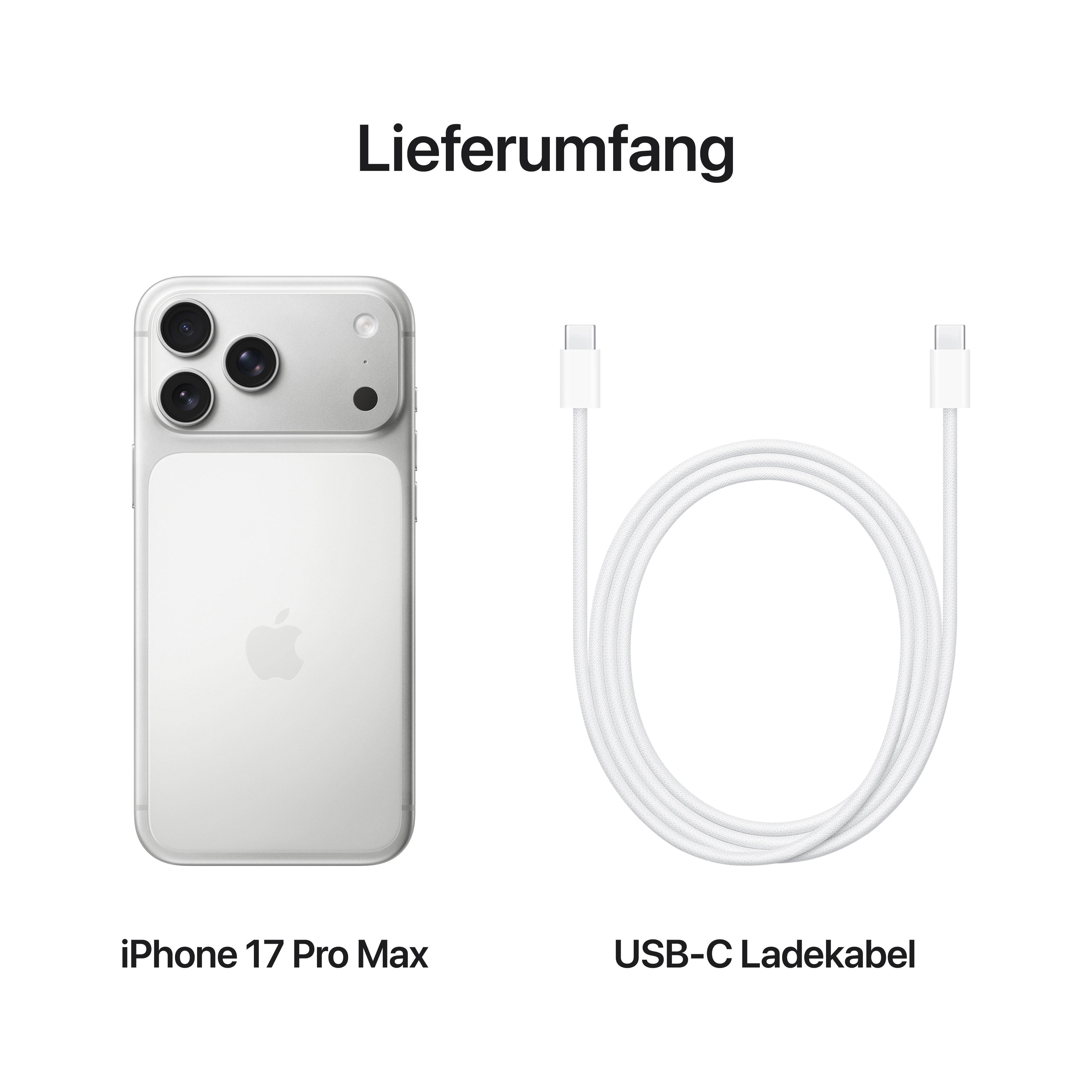 Ein iPhone 17 Pro Max und ein USB-C-Ladekabel werden angezeigt. Das Telefon ist weiß mit drei Kameras. Das Kabel ist weiß.