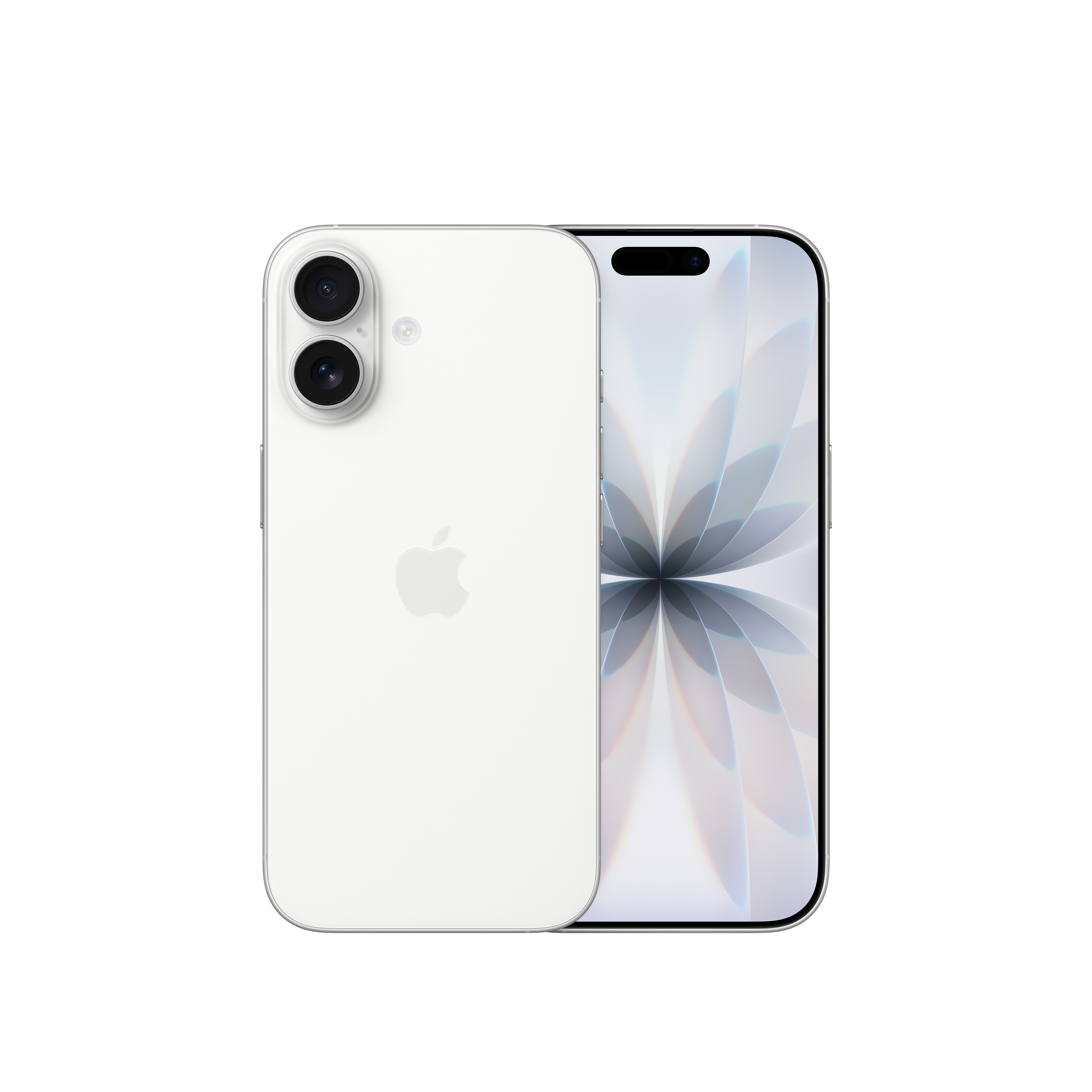Weißes iPhone mit Dual-Kamera. Der Bildschirm zeigt ein Blumendesign. Apple-Logo sichtbar.