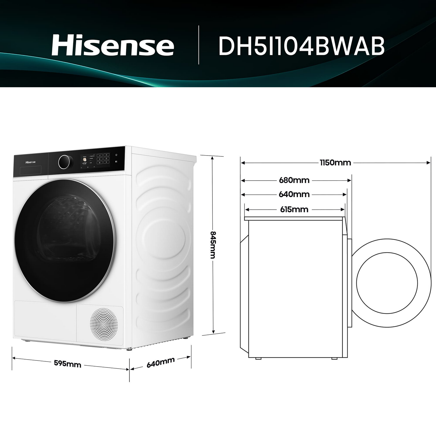 Una secadora blanca Hisense DH51104BWAB. Las dimensiones se muestran en mm. La secadora tiene una puerta negra redonda y un panel de control arriba.