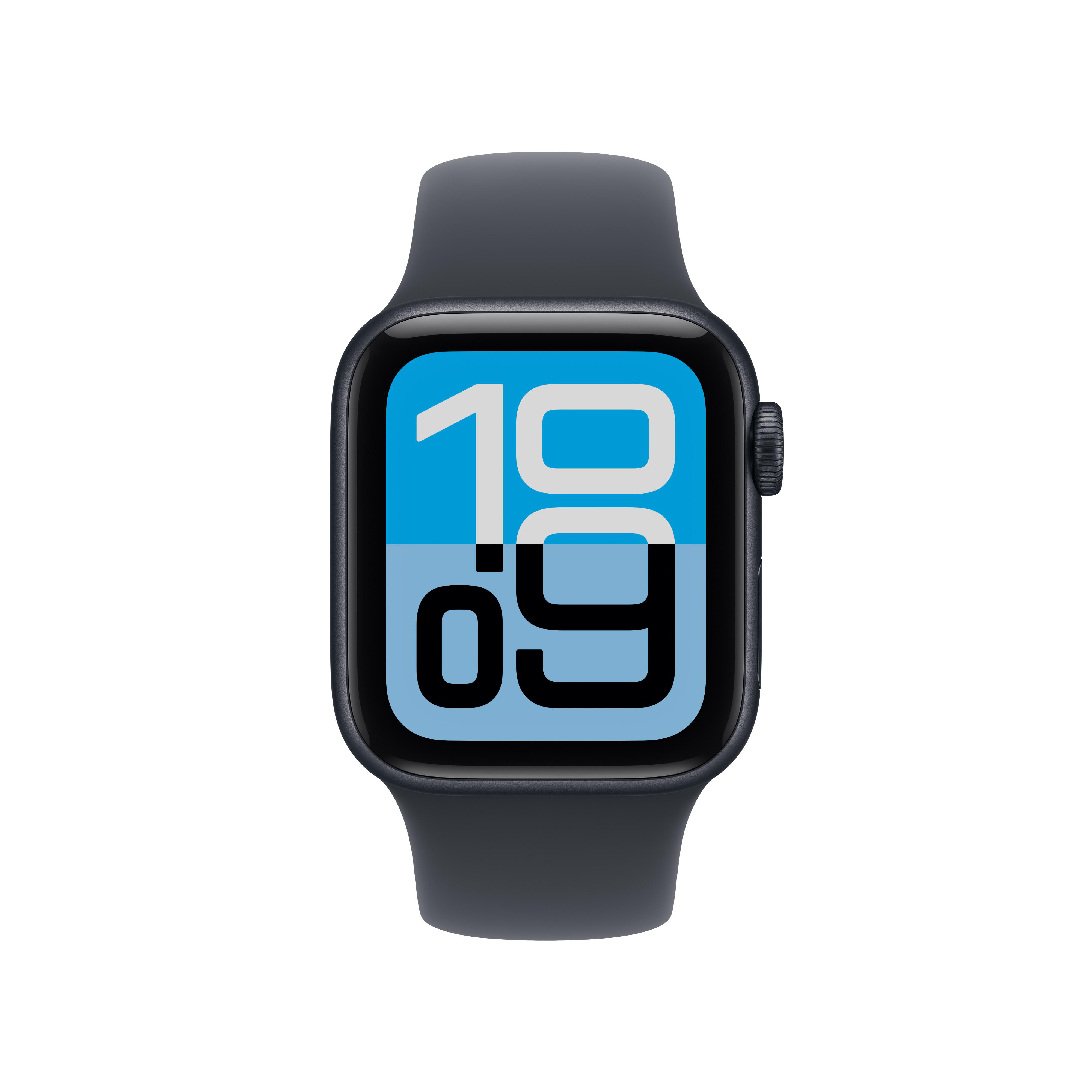 Eine dunkelgraue Apple Watch zeigt die Uhrzeit 10:09 auf blauem Hintergrund. Die Uhr befindet sich auf weißem Grund.