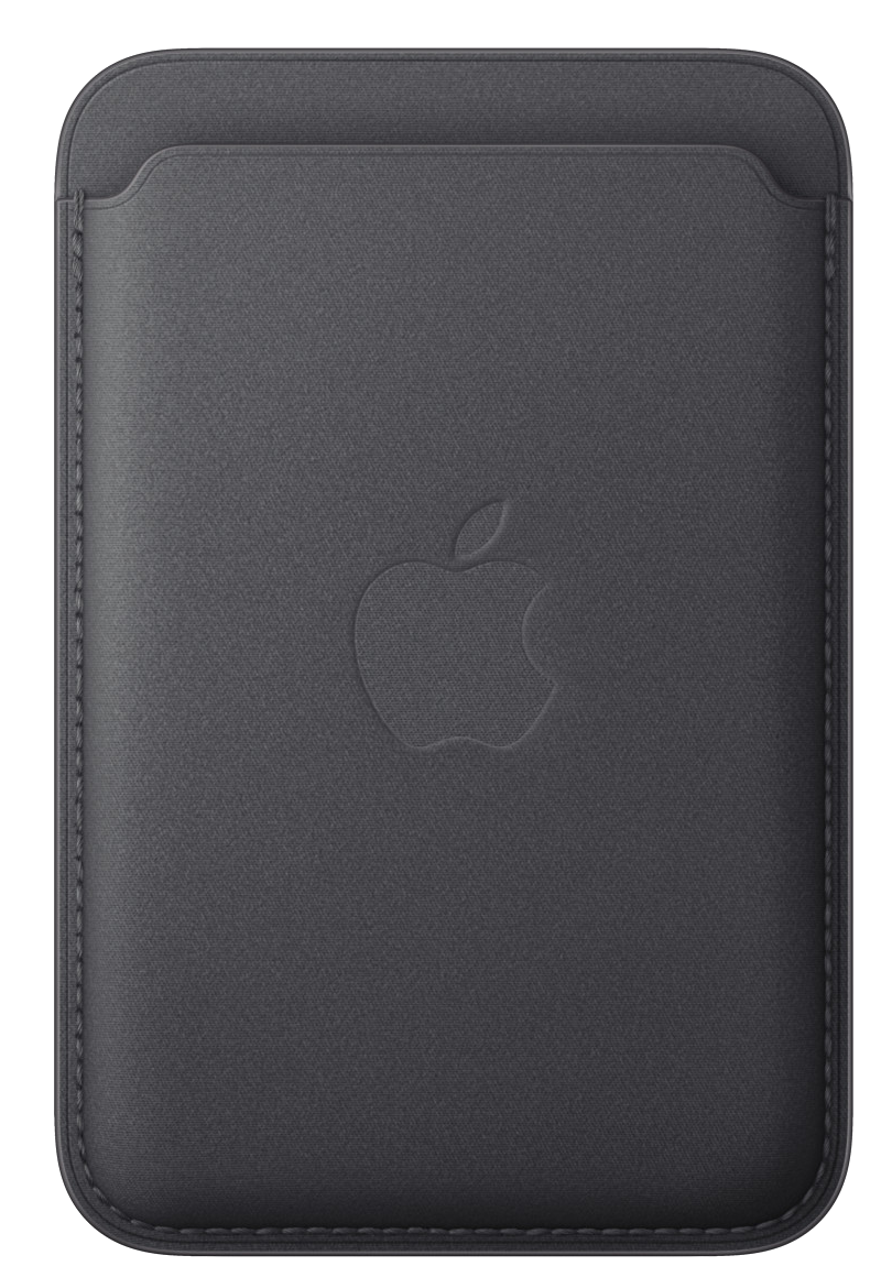 Ciemnoszary skórzany portfel Apple. Ma szytą obwódkę i wytłoczone logo Apple. Tło jest czarne.