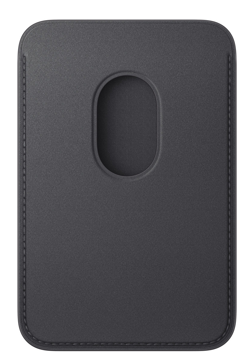 Ciemnoszary prostokątny portfel z owalnym wycięciem pośrodku, zszytymi krawędziami i zaokrąglonymi rogami.