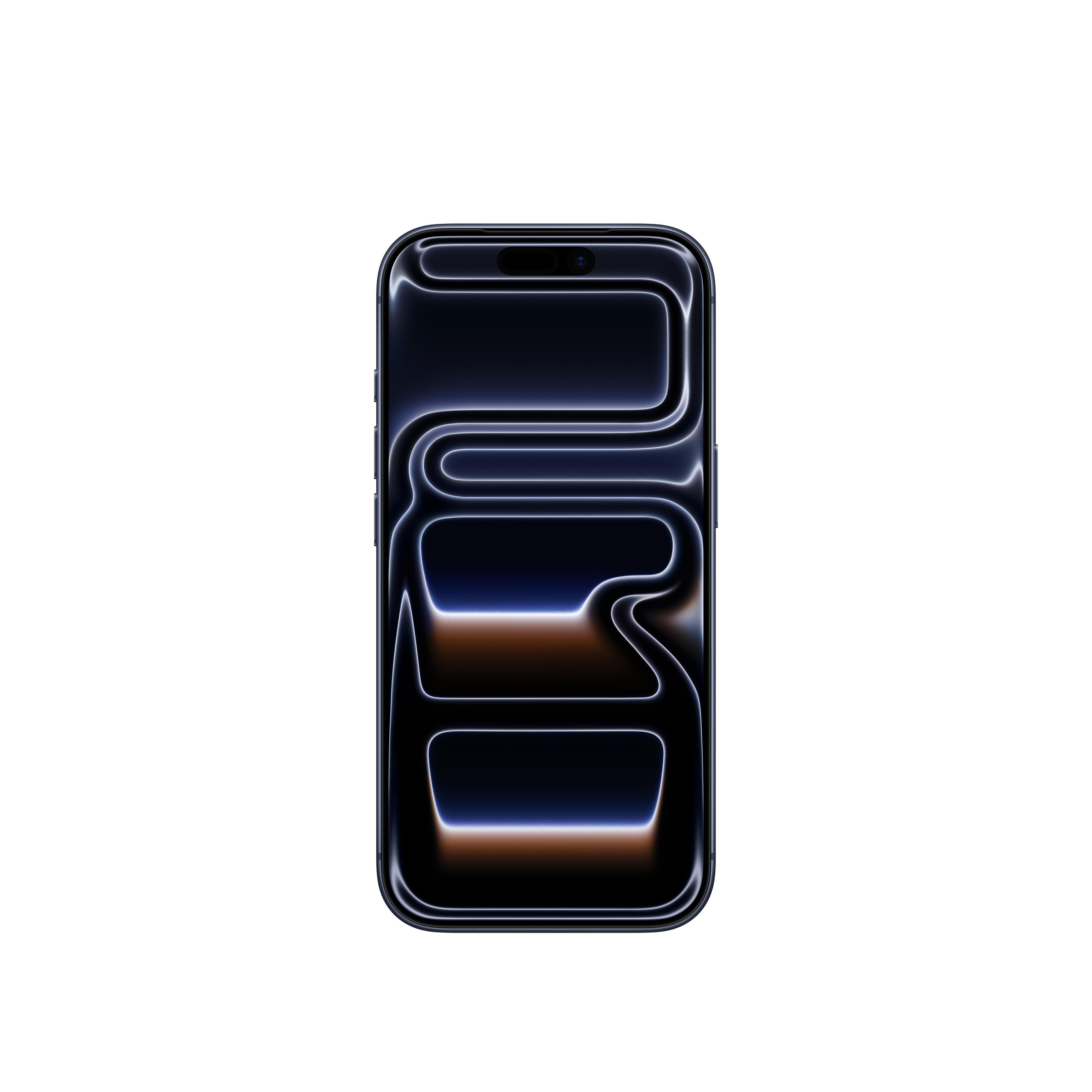 Ein Smartphone mit dunklem blauem Bildschirm, das ein neonähnliches Design vor weißem Hintergrund zeigt.