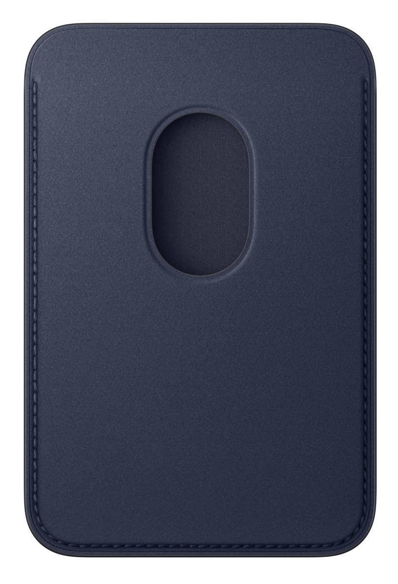 Ciemnoniebieski skórzany portfel z owalnym wycięciem. Krawędzie są przeszyte jasną nicią. Tło jest białe.