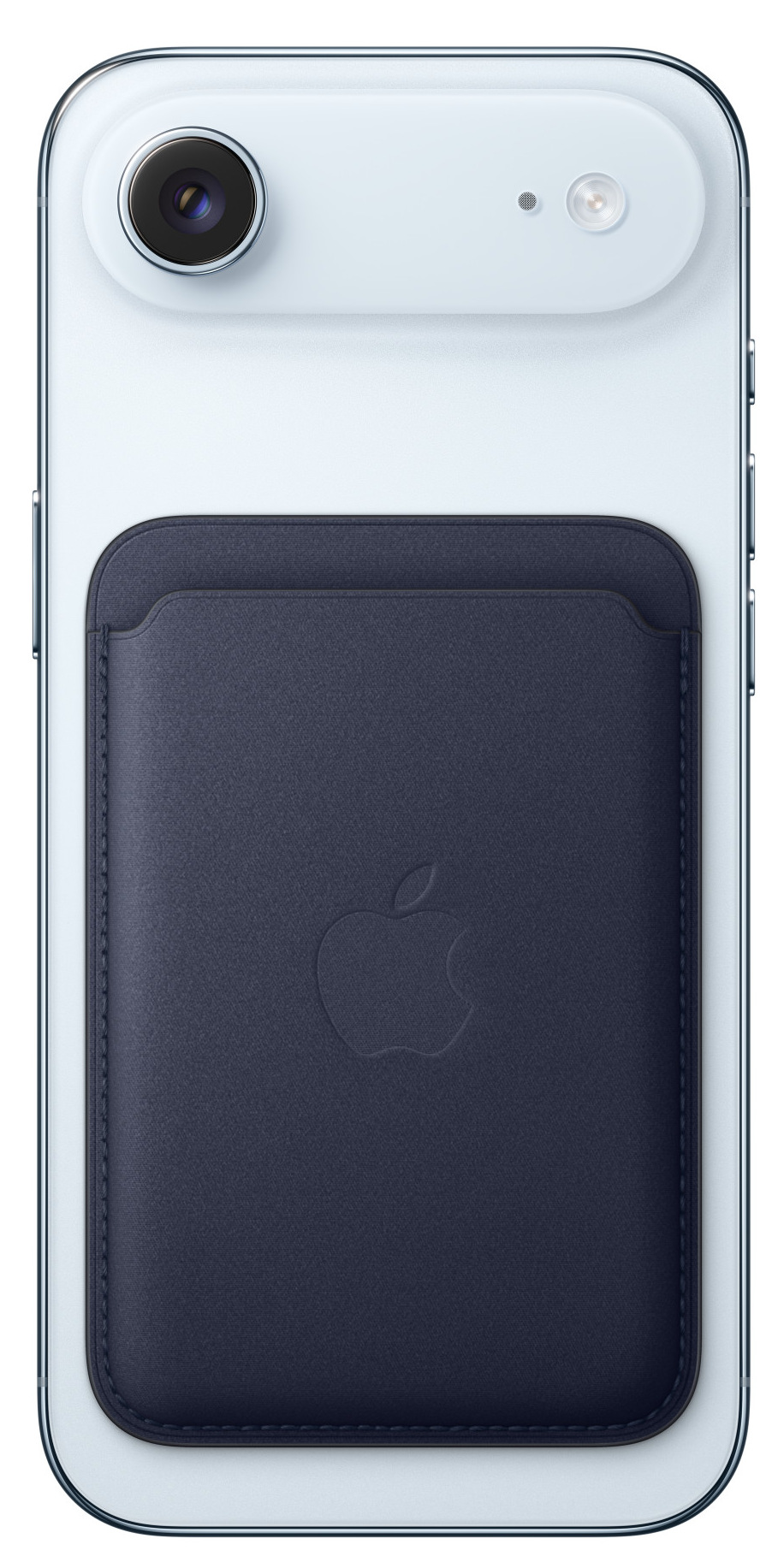 Jasnoniebieski iPhone z dołączonym granatowym portfelem. Portfel ma logo Apple. Telefon ma aparat i lampę błyskową.